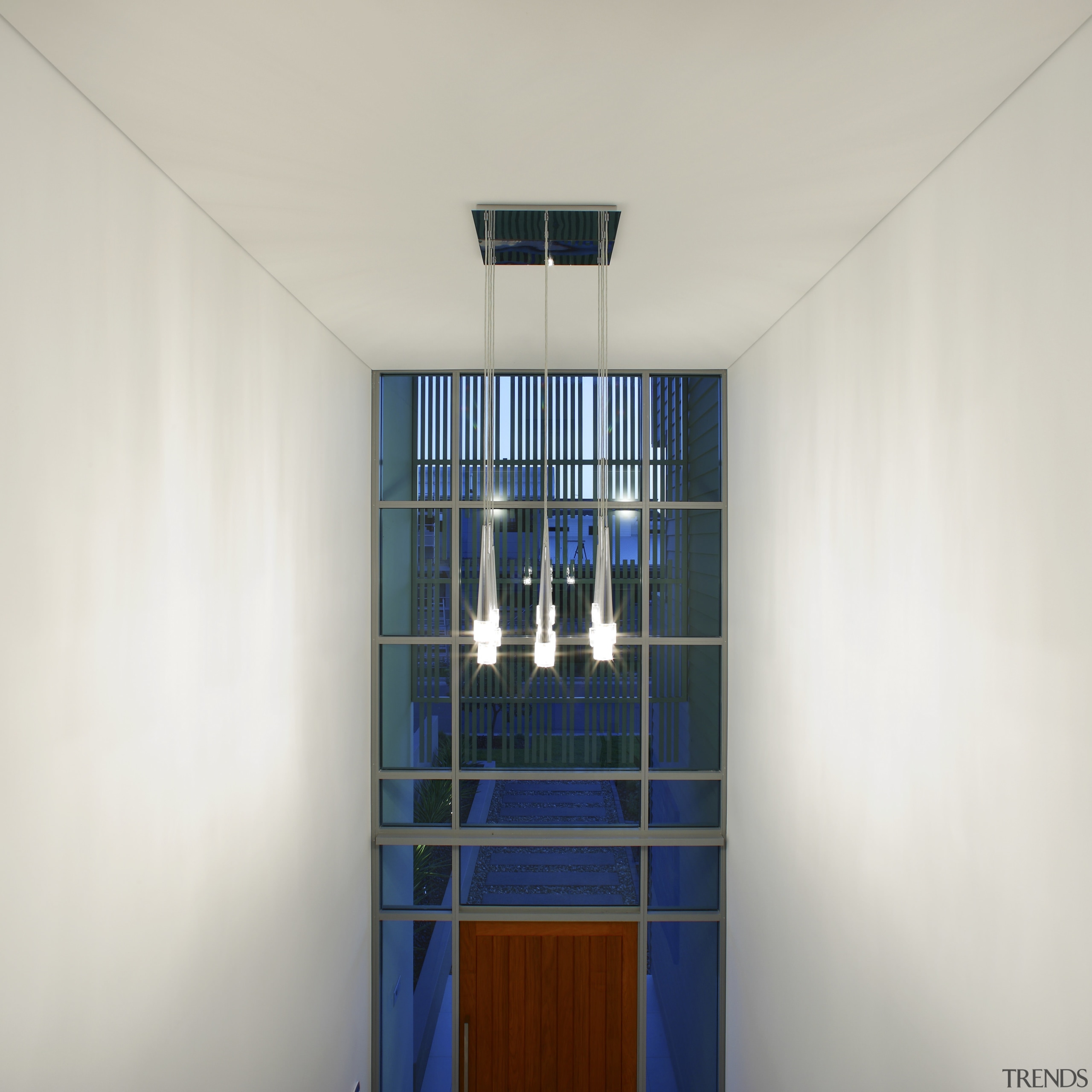 view of the double-height entrance way of this architecture, blue, ceiling, daylighting, house, window, white