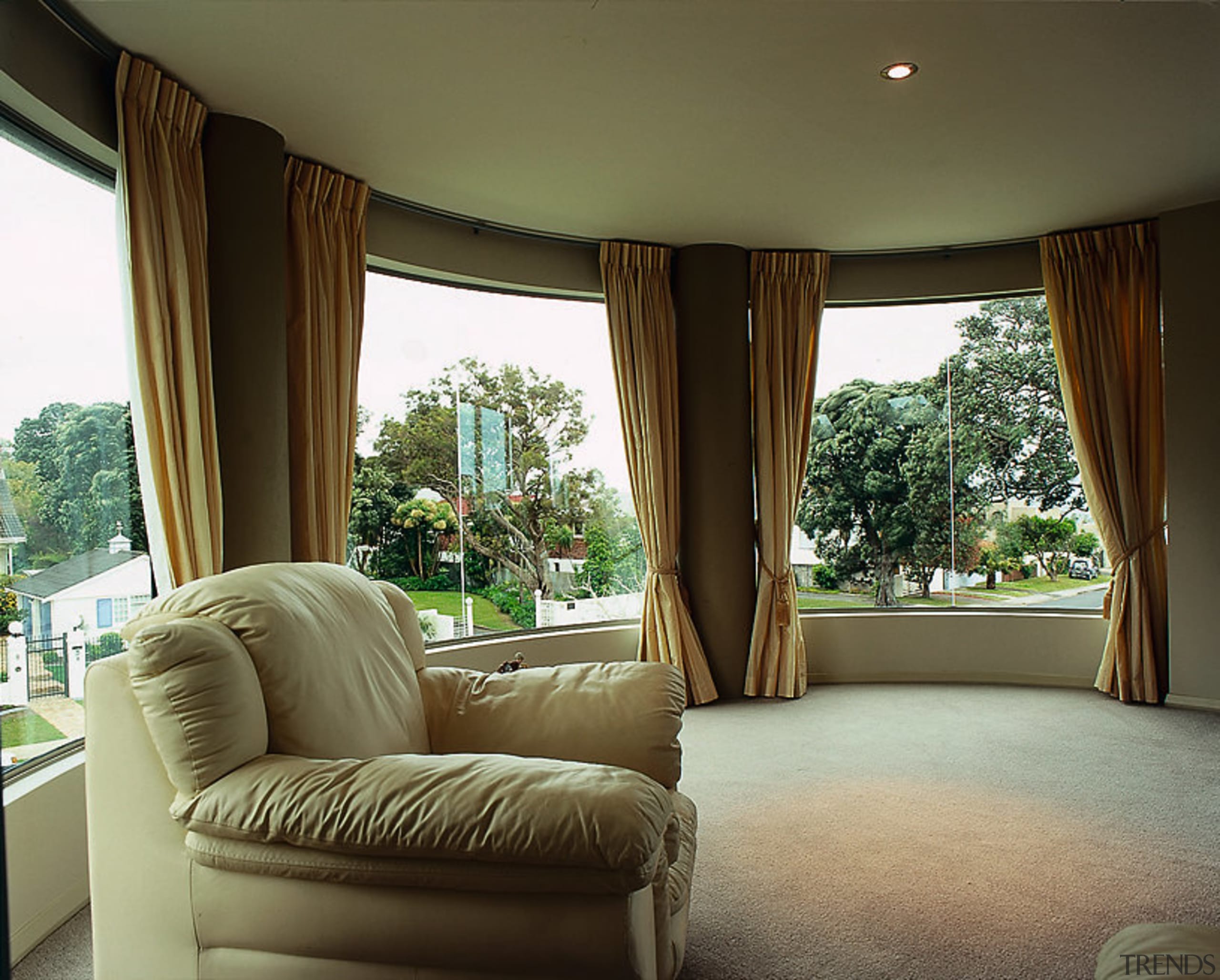 View of curved glass from the living room ceiling, curtain, estate, home, house, interior design, living room, property, real estate, room, window, window covering, window treatment, brown