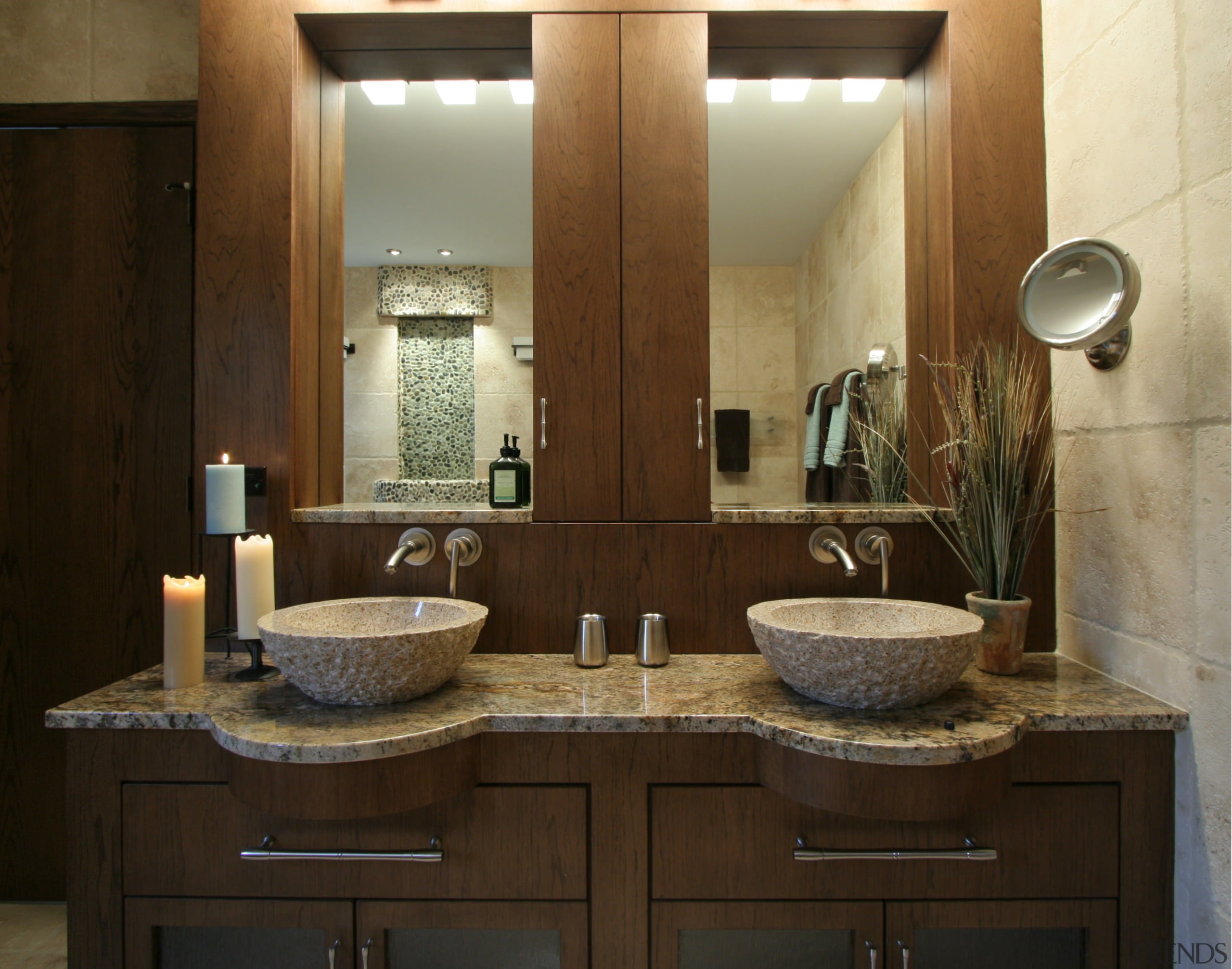 Image of bathroom which features two basins and bathroom, cabinetry, countertop, interior design, room, sink, brown