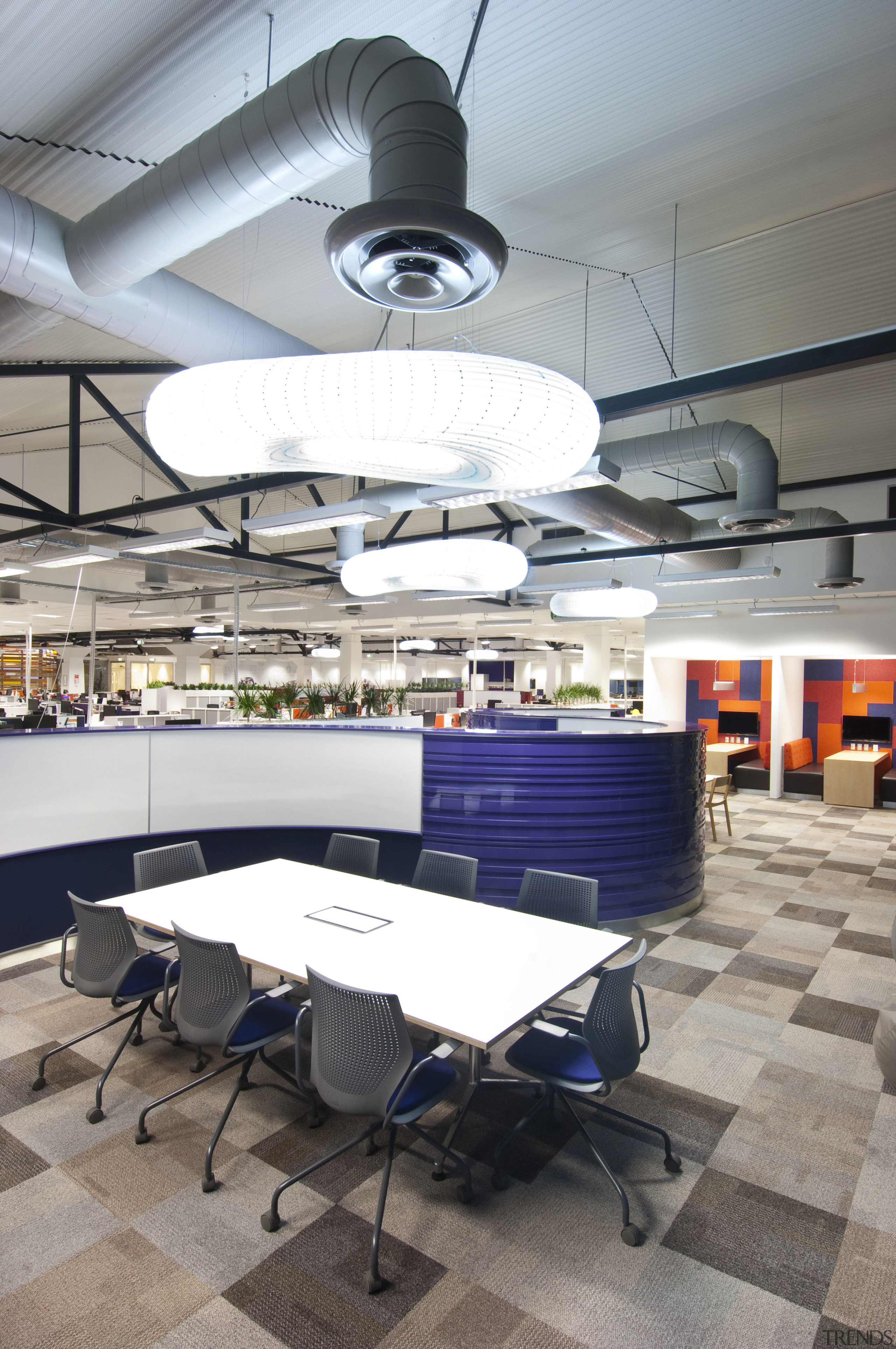 View of meeting area with white table and ceiling, daylighting, furniture, interior design, office, product design, table, gray, white