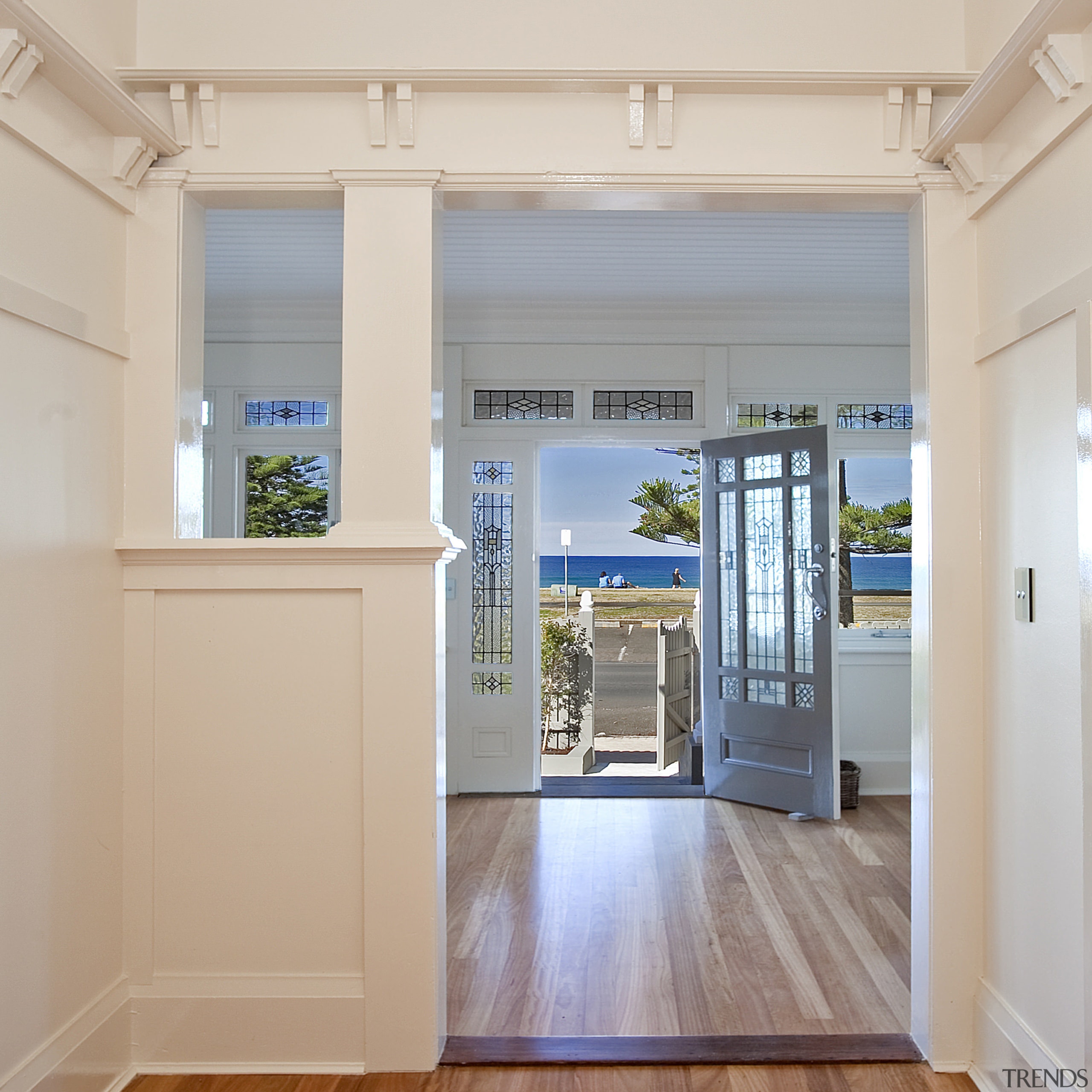 View of beachfront house with courtyard, formal living door, interior design, real estate, window, gray