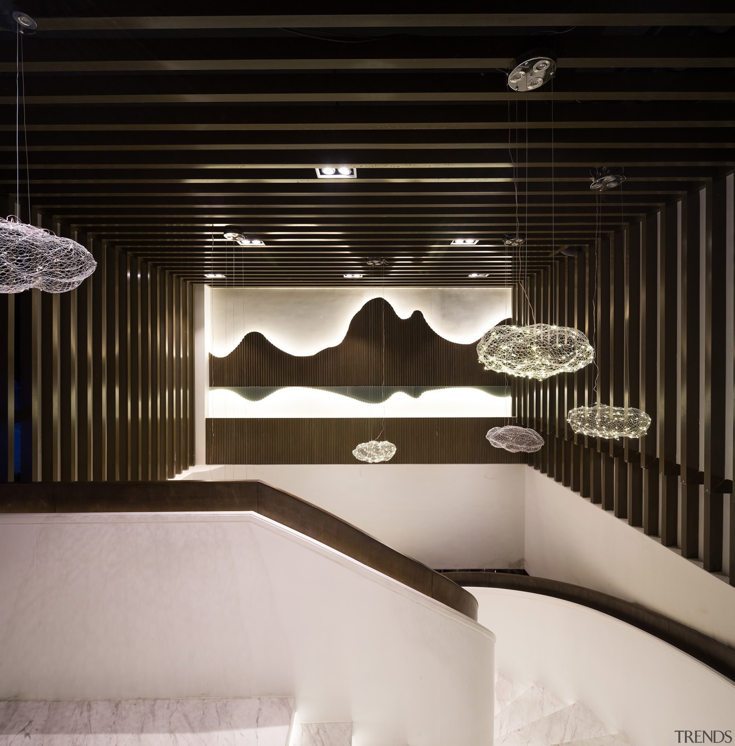 You can see the mountains on the far architecture, ceiling, interior design, light fixture, lighting, product design, wall, black, gray