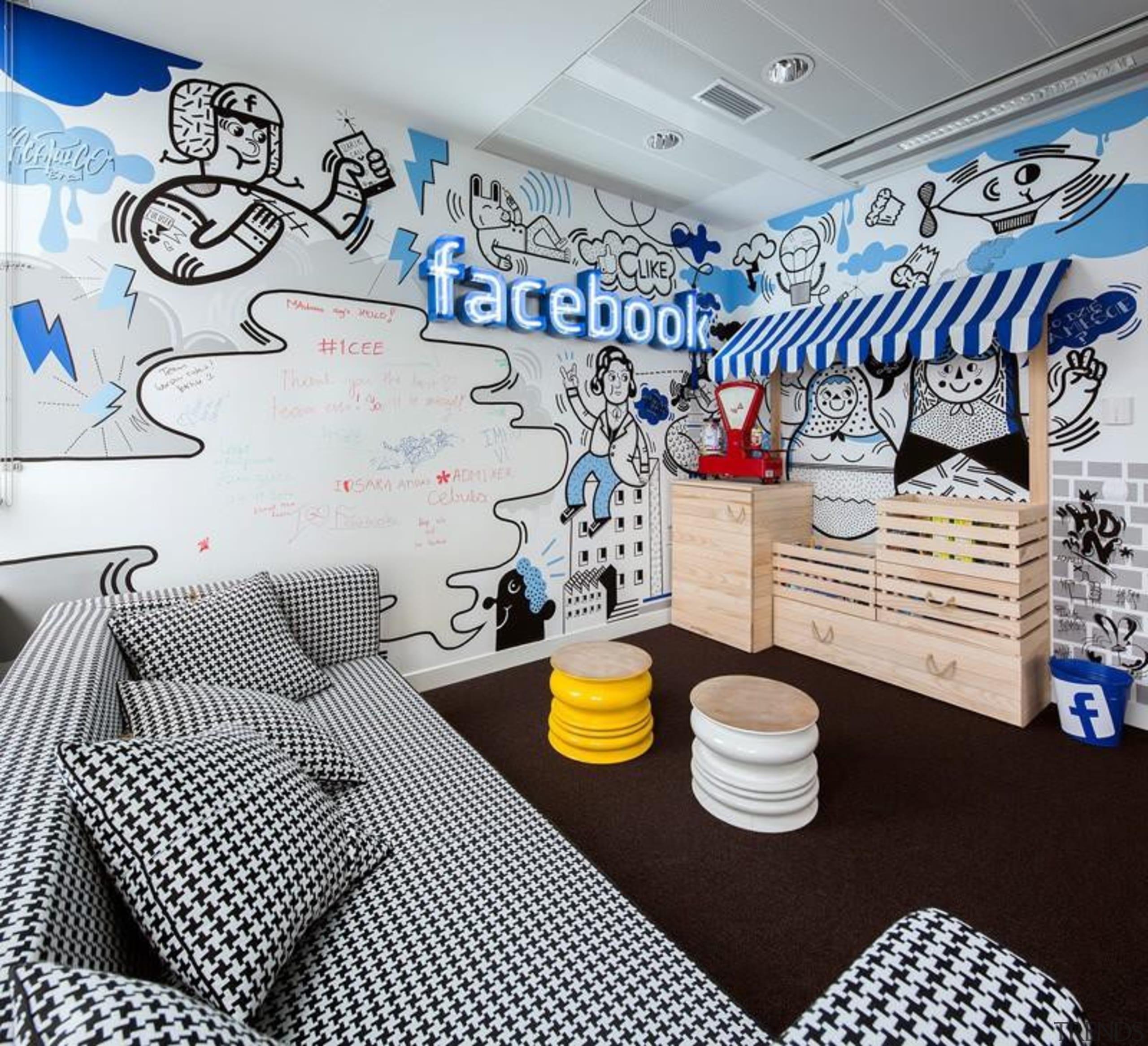 Who better than Facebook to redefine what a design, interior design, mural, room, wall, white