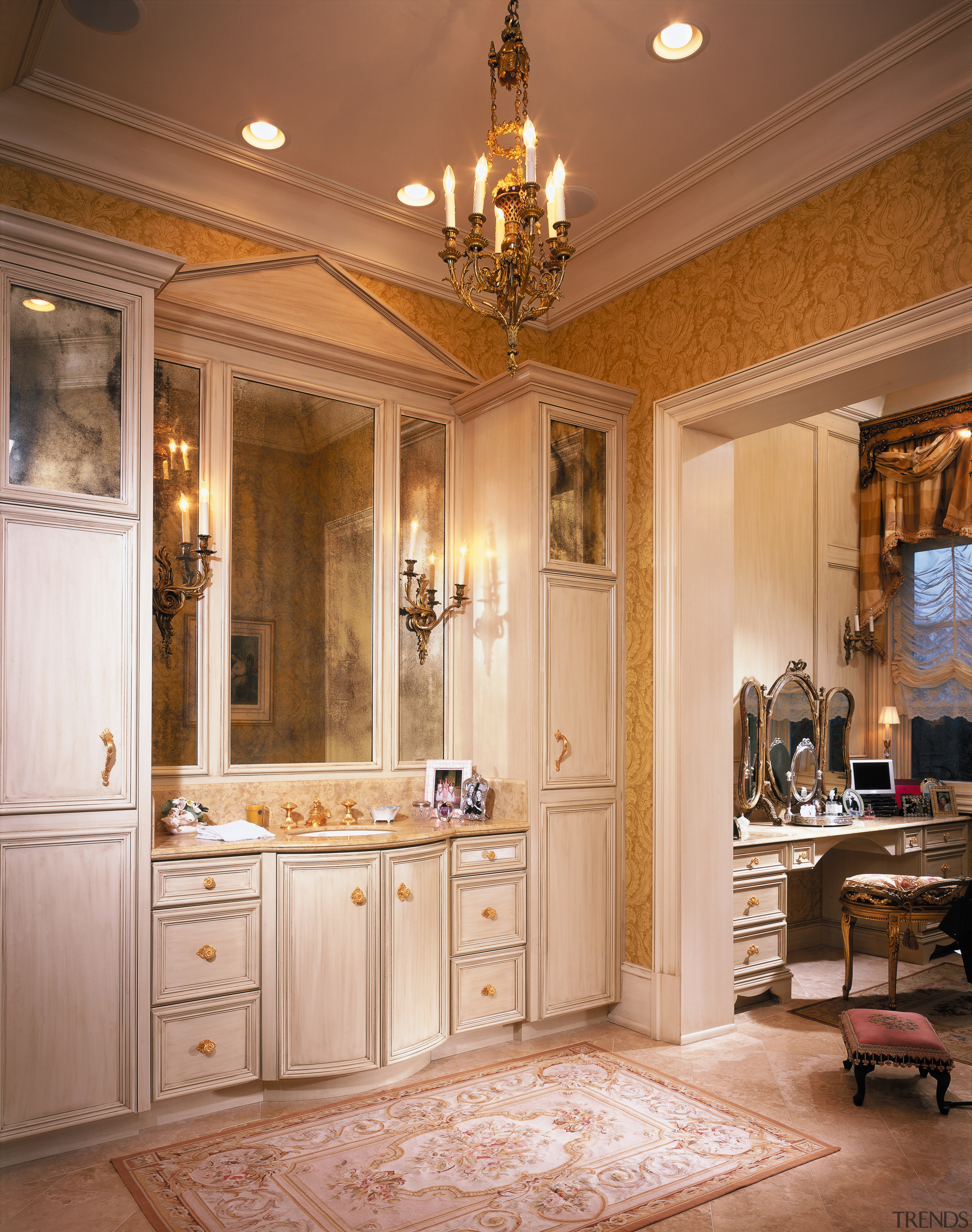 His-and-hers bathrooms lead off the master bedroom and cabinetry, ceiling, countertop, cuisine classique, estate, home, interior design, kitchen, room, brown, orange