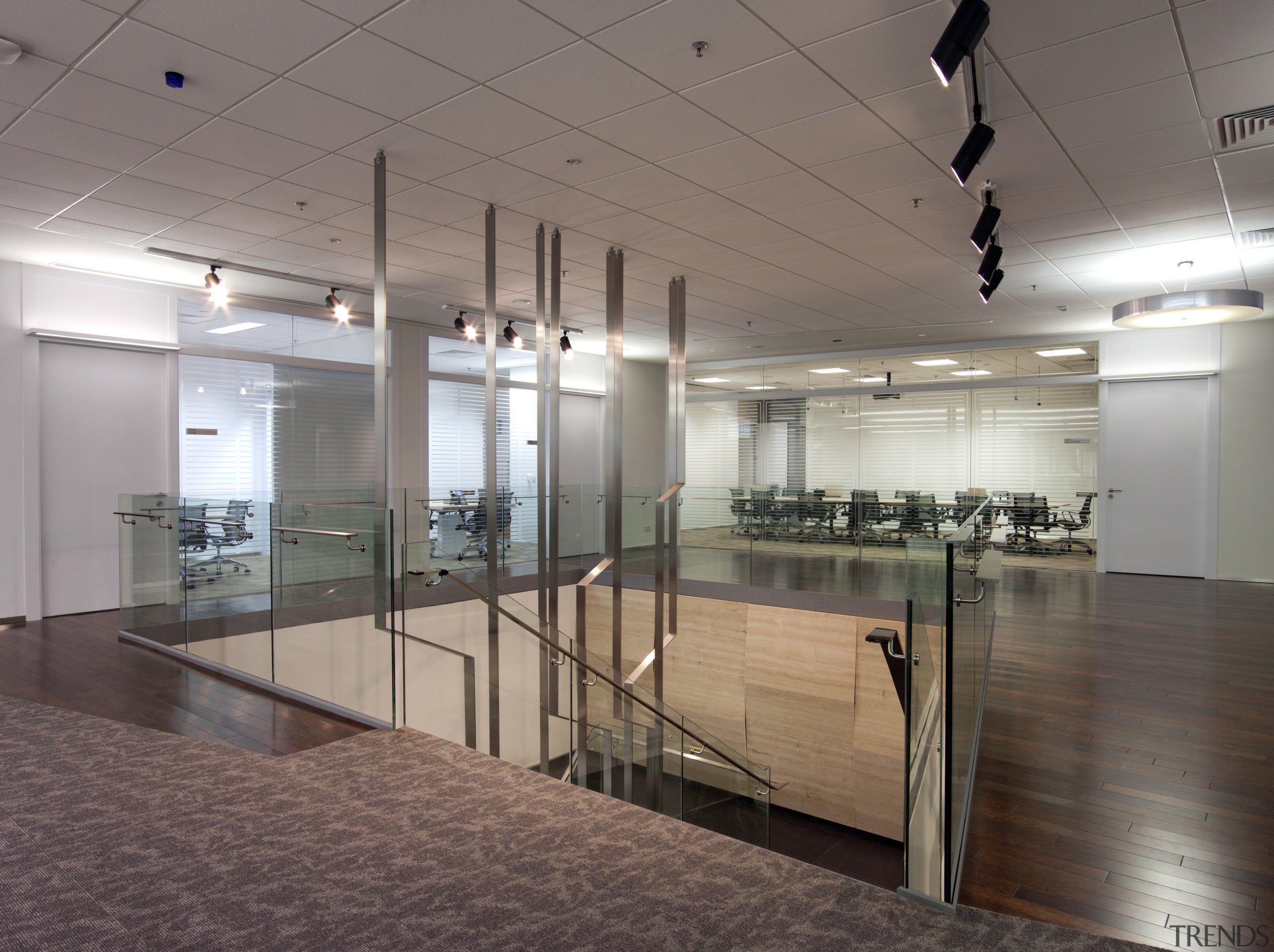 View of the Solaris building with AutoDesk fit-out, ceiling, floor, flooring, glass, interior design, lobby, gray