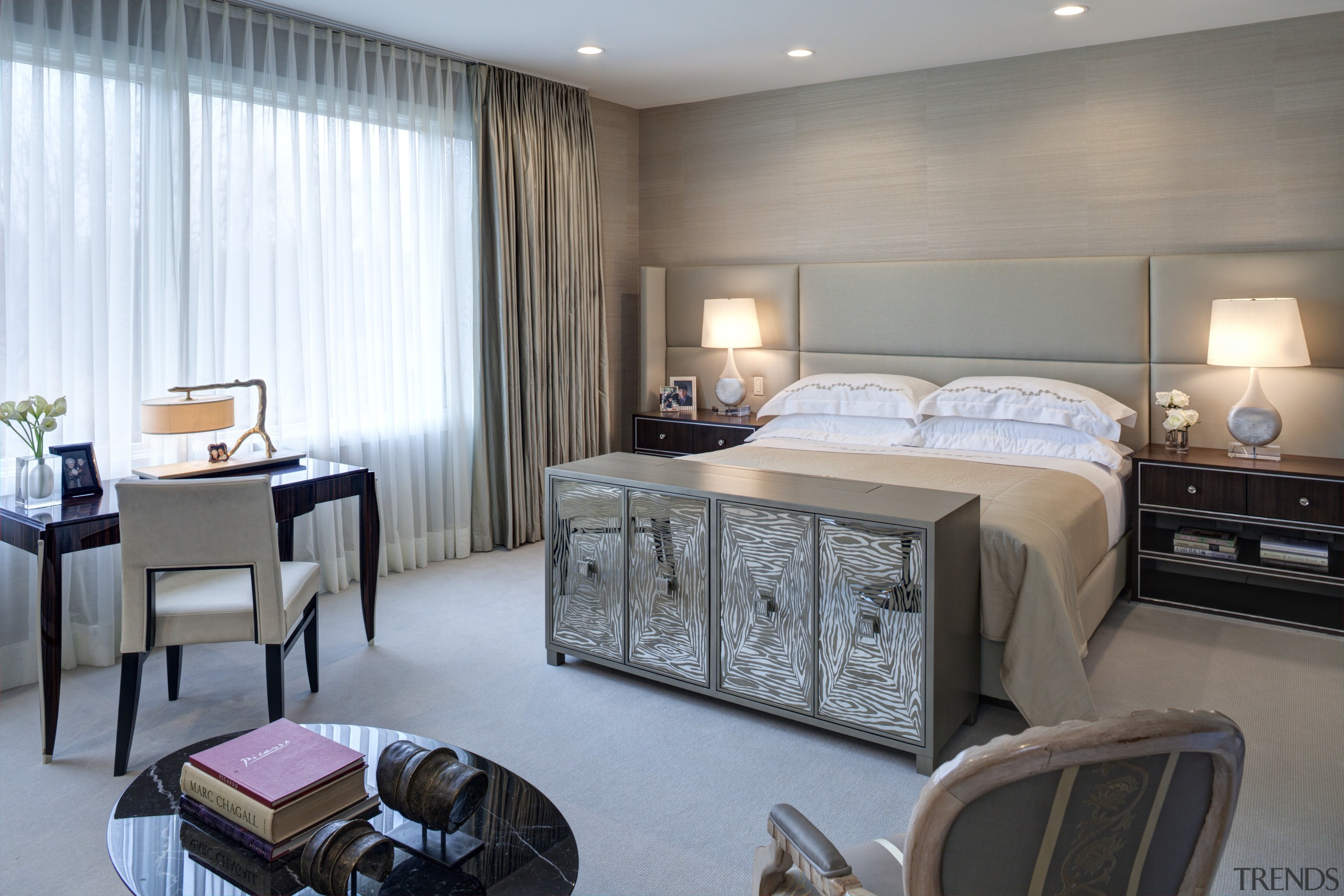 This master bedroom features a custom-designed, upholstered headboard bedroom, ceiling, interior design, room, suite, gray