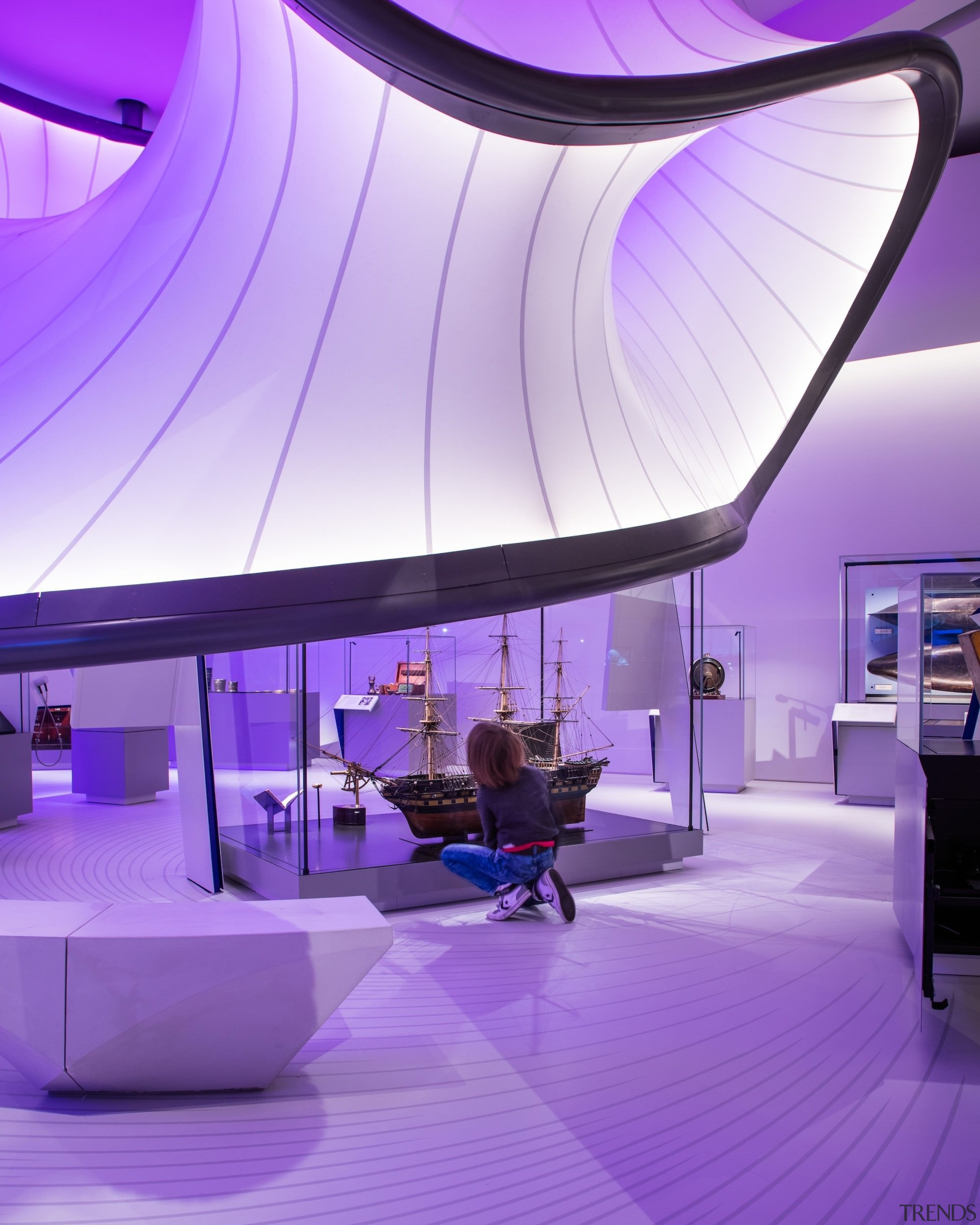Zaha Hadid – Mathematics: The Winton Gallery – architecture, ceiling, daylighting, interior design, lighting, lobby, product design, purple, purple