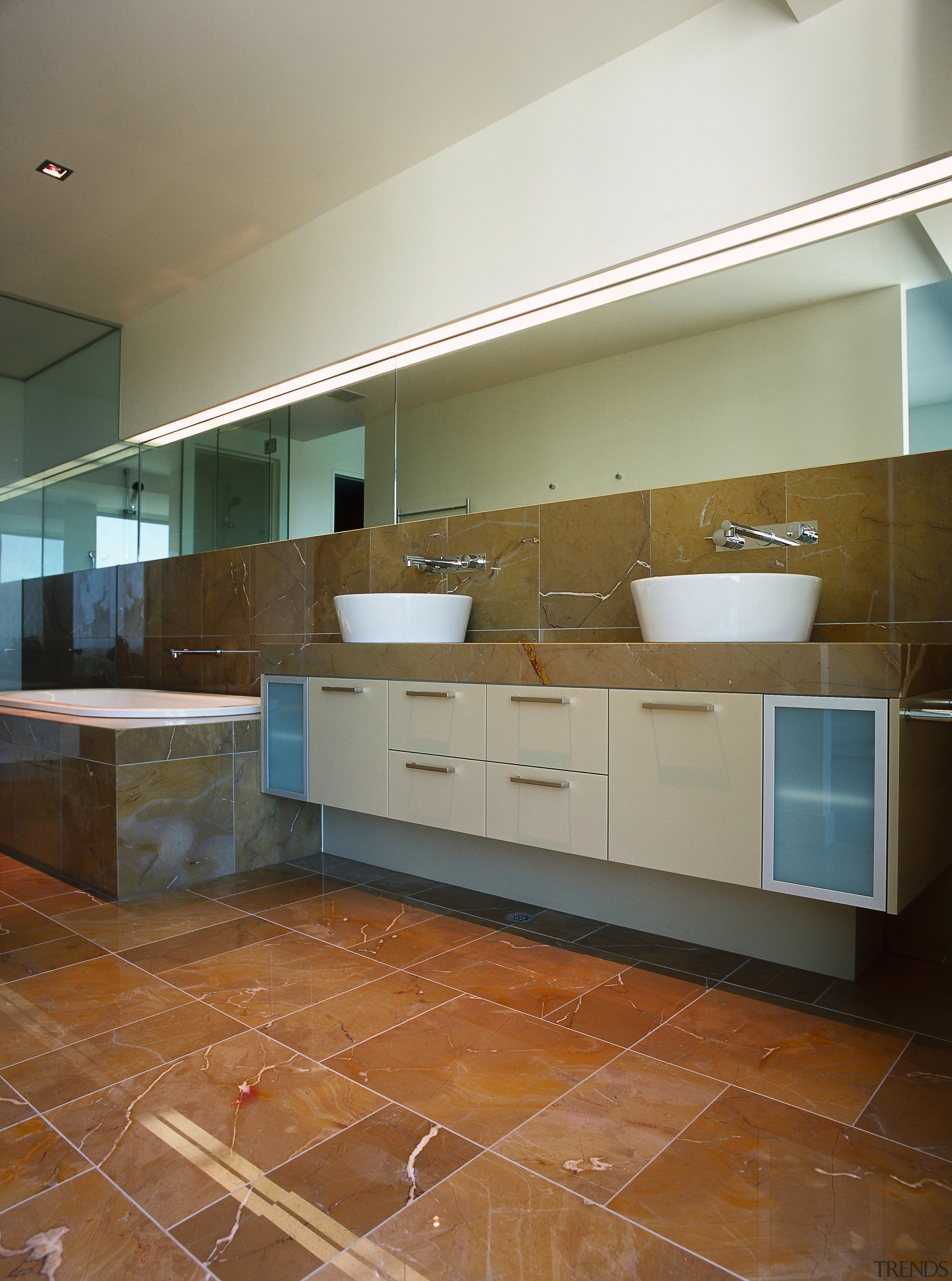 bathrooms features marble tiling on the floor and apartment, architecture, bathroom, cabinetry, countertop, daylighting, floor, flooring, hardwood, home, house, interior design, kitchen, laminate flooring, property, real estate, room, sink, tile, wall, wood, wood flooring, brown, gray