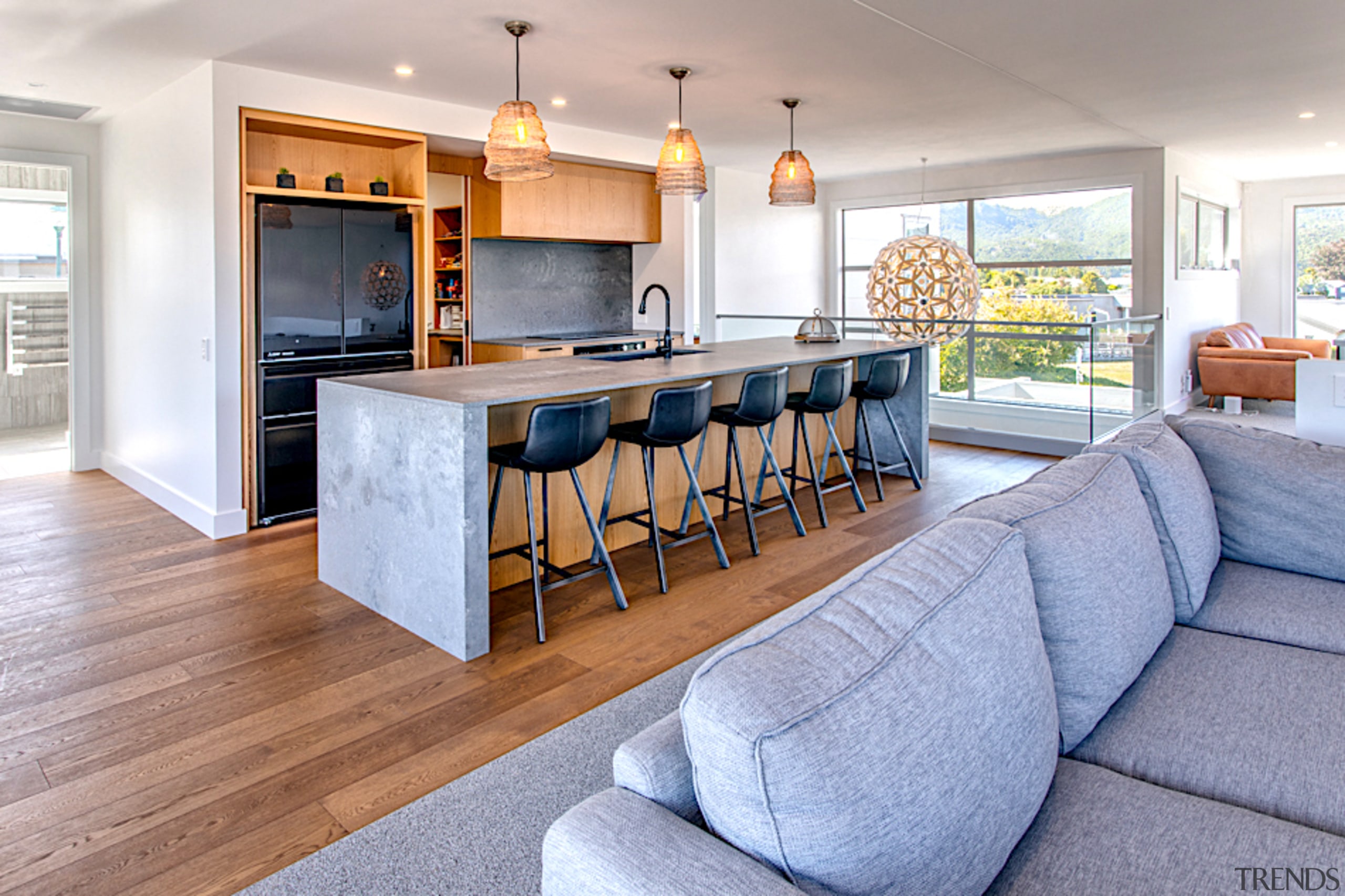 Reflecting the home's stunning central plateau landscape, this architecture, building, cabinetry, ceiling, countertop, dining room, estate, floor, flooring, furniture, hardwood, home, house, interior design, kitchen, living room, property, real estate, room, table, wood, wood flooring, gray, teal