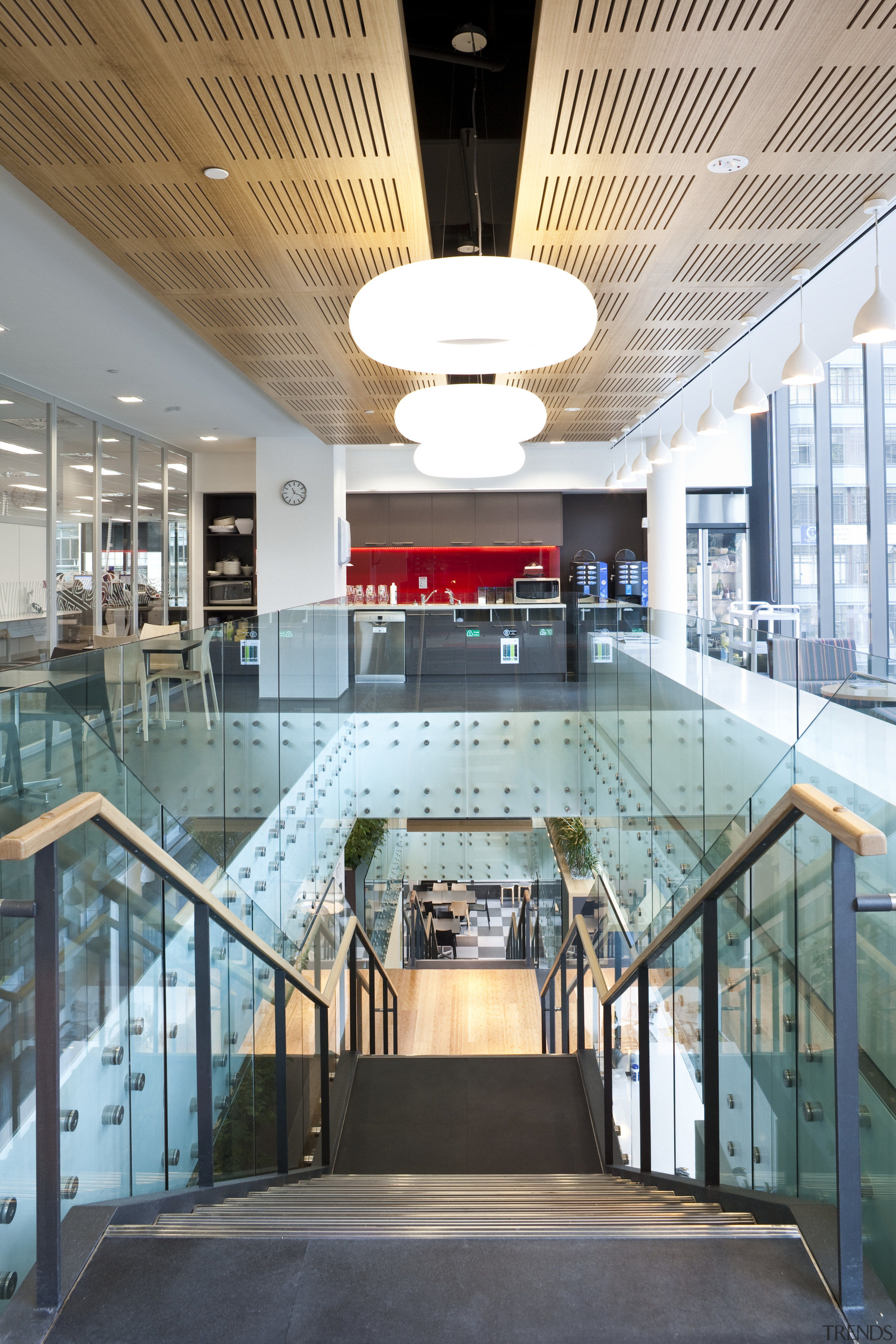 The offices of BNZ feature a combination of architecture, ceiling, daylighting, glass, interior design, leisure centre, lobby, white