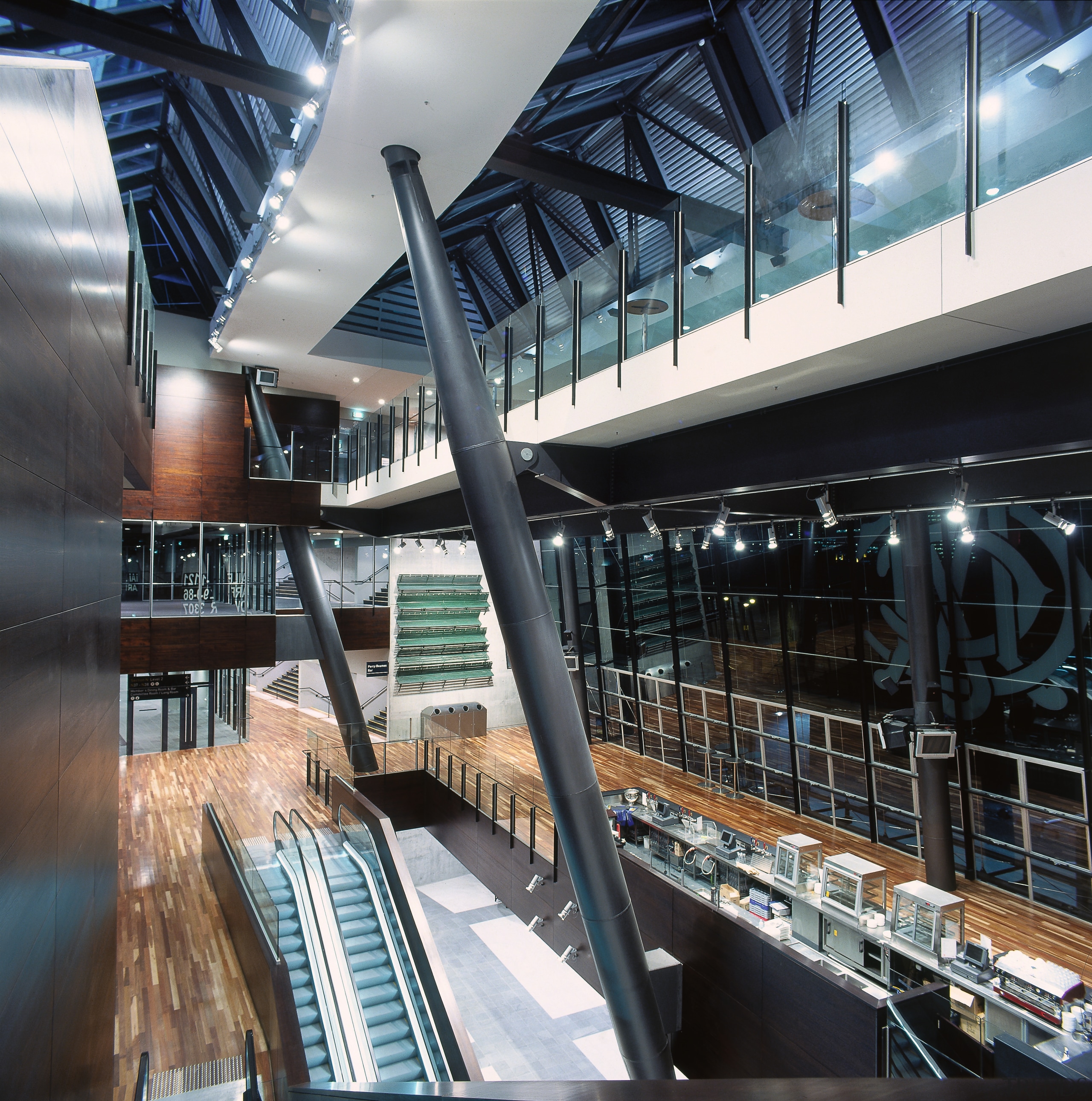 Interior of MCG stand showing extensive glazing, large architecture, building, metropolitan area, structure, black