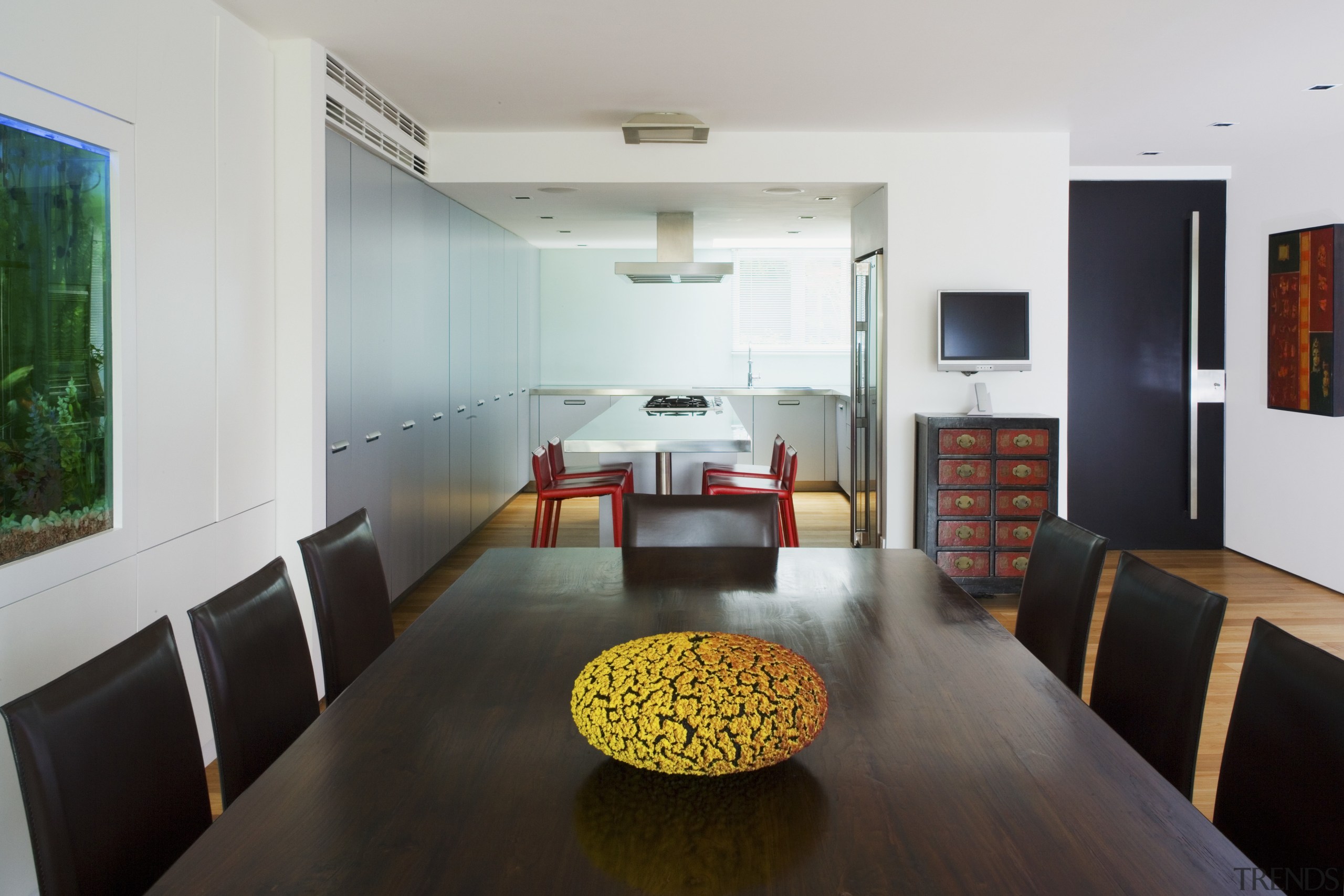 View of dining area featuring large dark stained architecture, interior design, living room, real estate, room, white, black