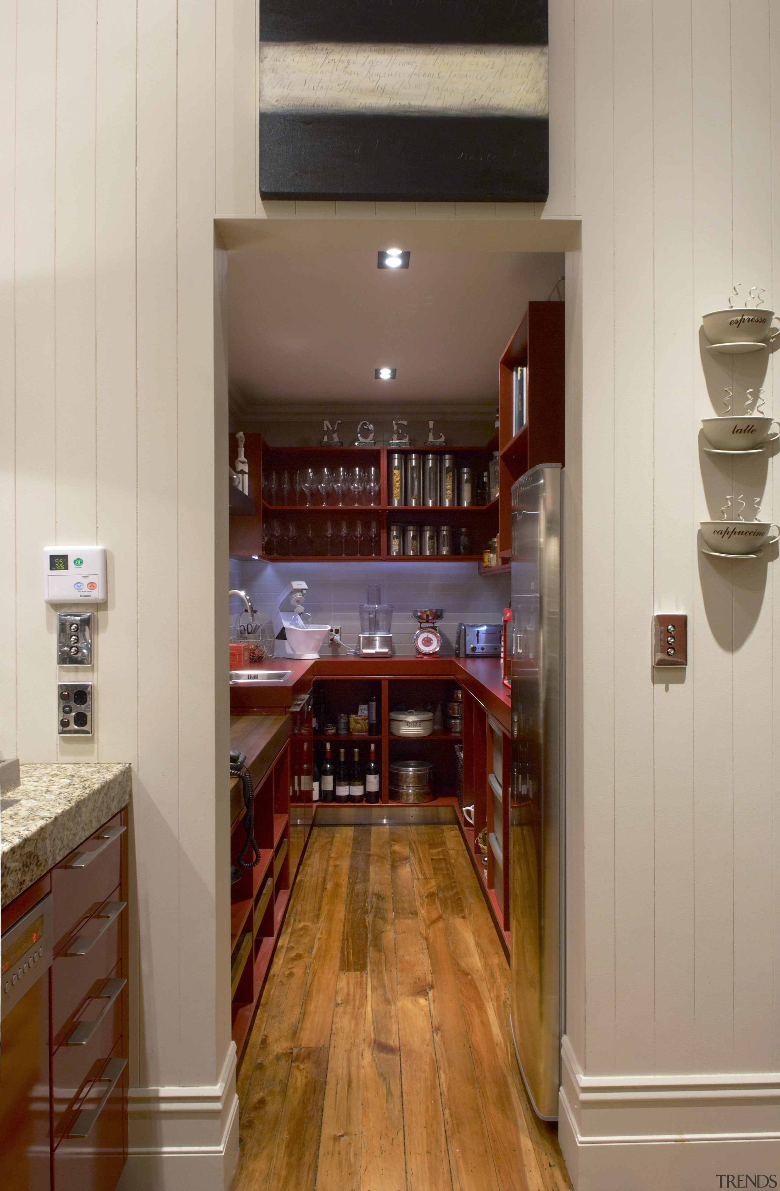 View of the pantry with hardwood countertops, sinks cabinetry, countertop, floor, flooring, hardwood, interior design, kitchen, room, wood, gray, brown