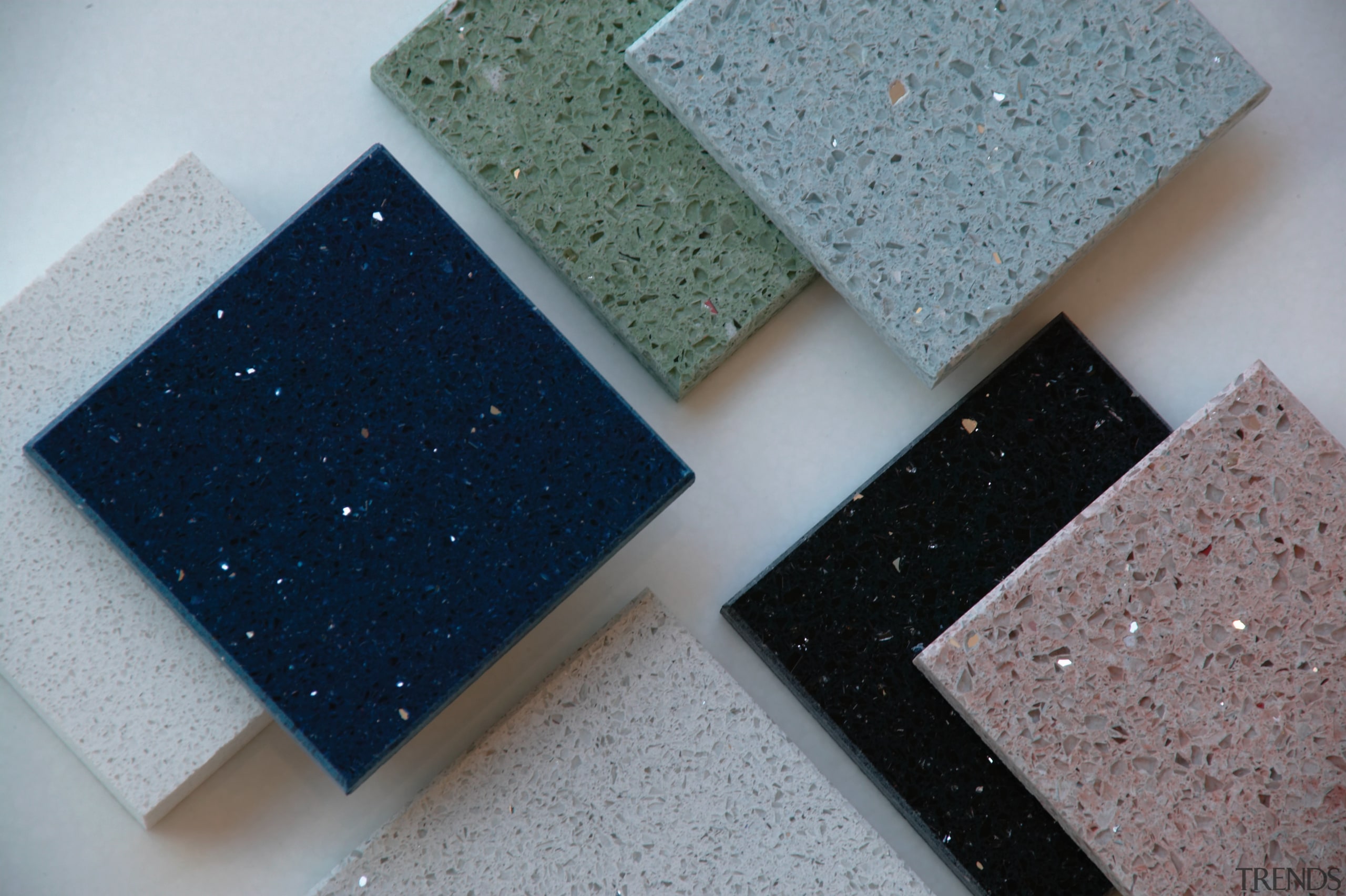 Samples of Quantum Quartz benchtops. - Samples of floor, material, gray