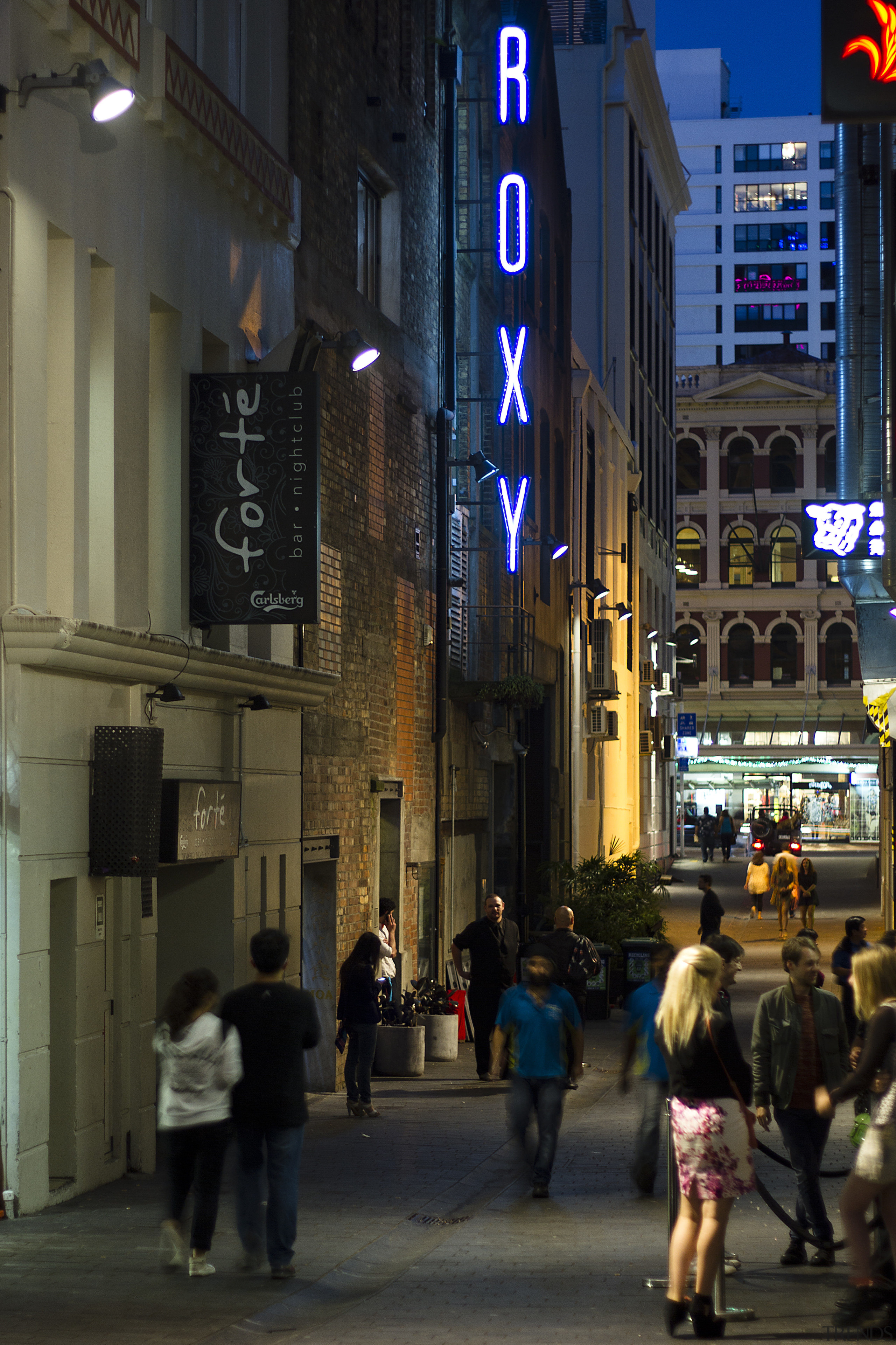 The Fort Street and Fort Lane upgrades in building, city, downtown, infrastructure, landmark, metropolis, metropolitan area, night, pedestrian, road, skyscraper, street, town, urban area, black