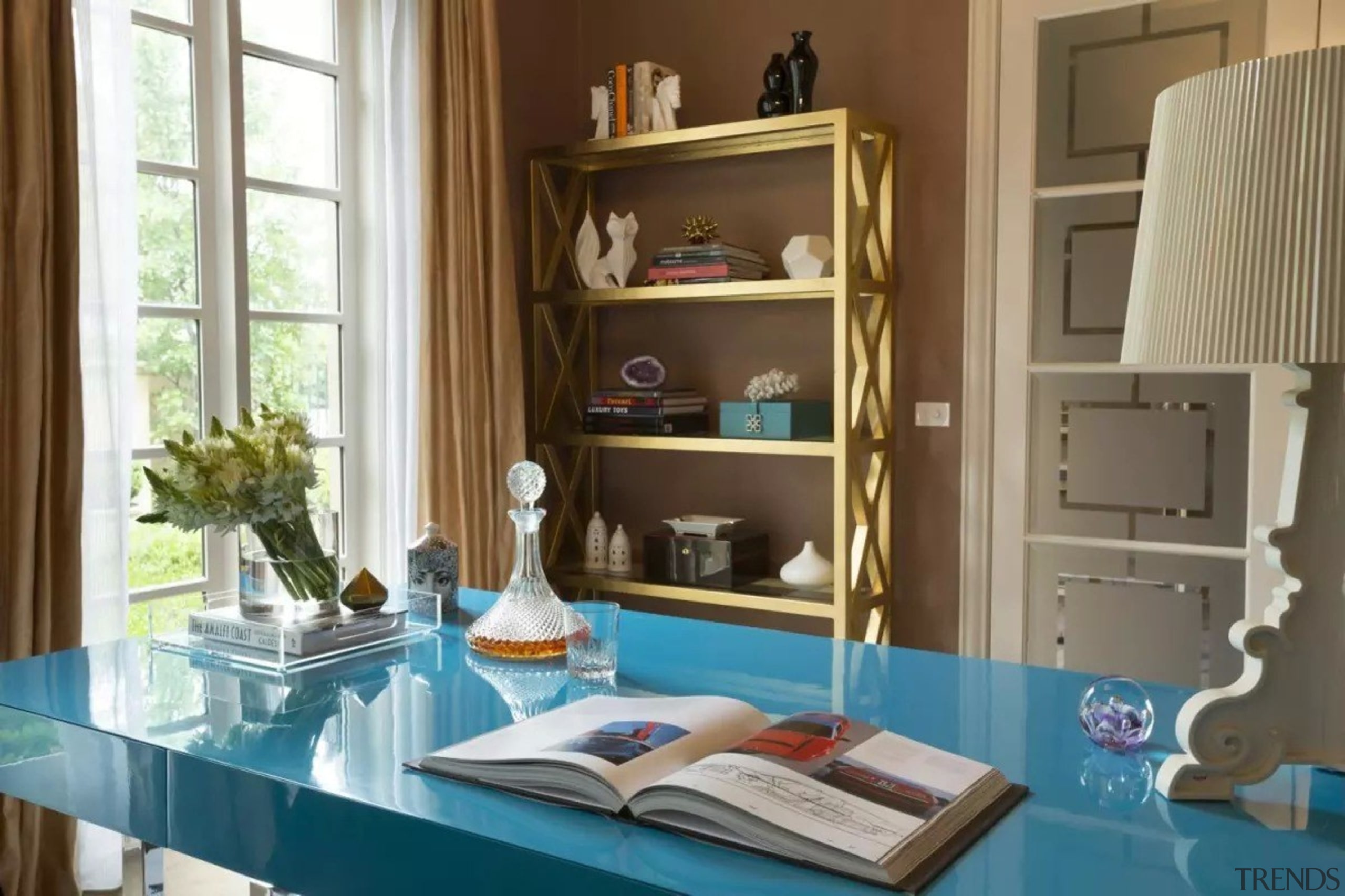 French classic-style residence by Massimo Interiors bookcase, furniture, home, interior design, living room, room, shelf, shelving, table, brown