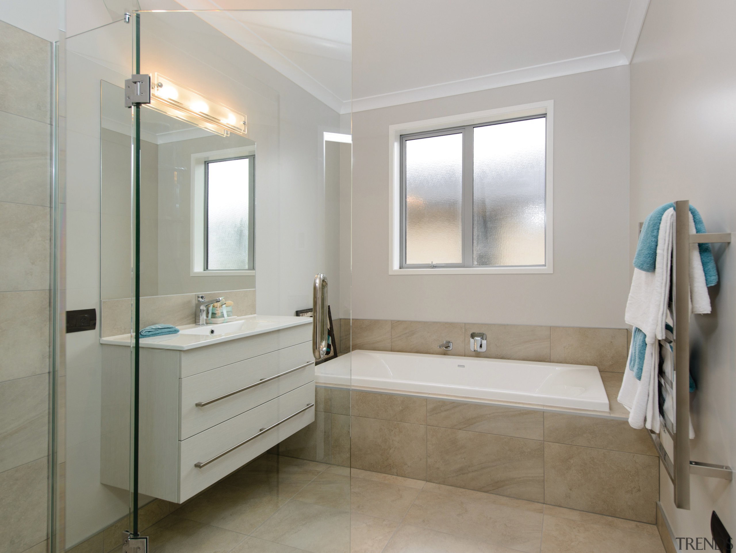 GJ Gardner Homes show home bathroom - GJ bathroom, bathroom accessory, bathroom cabinet, floor, home, interior design, real estate, room, sink, tile, gray