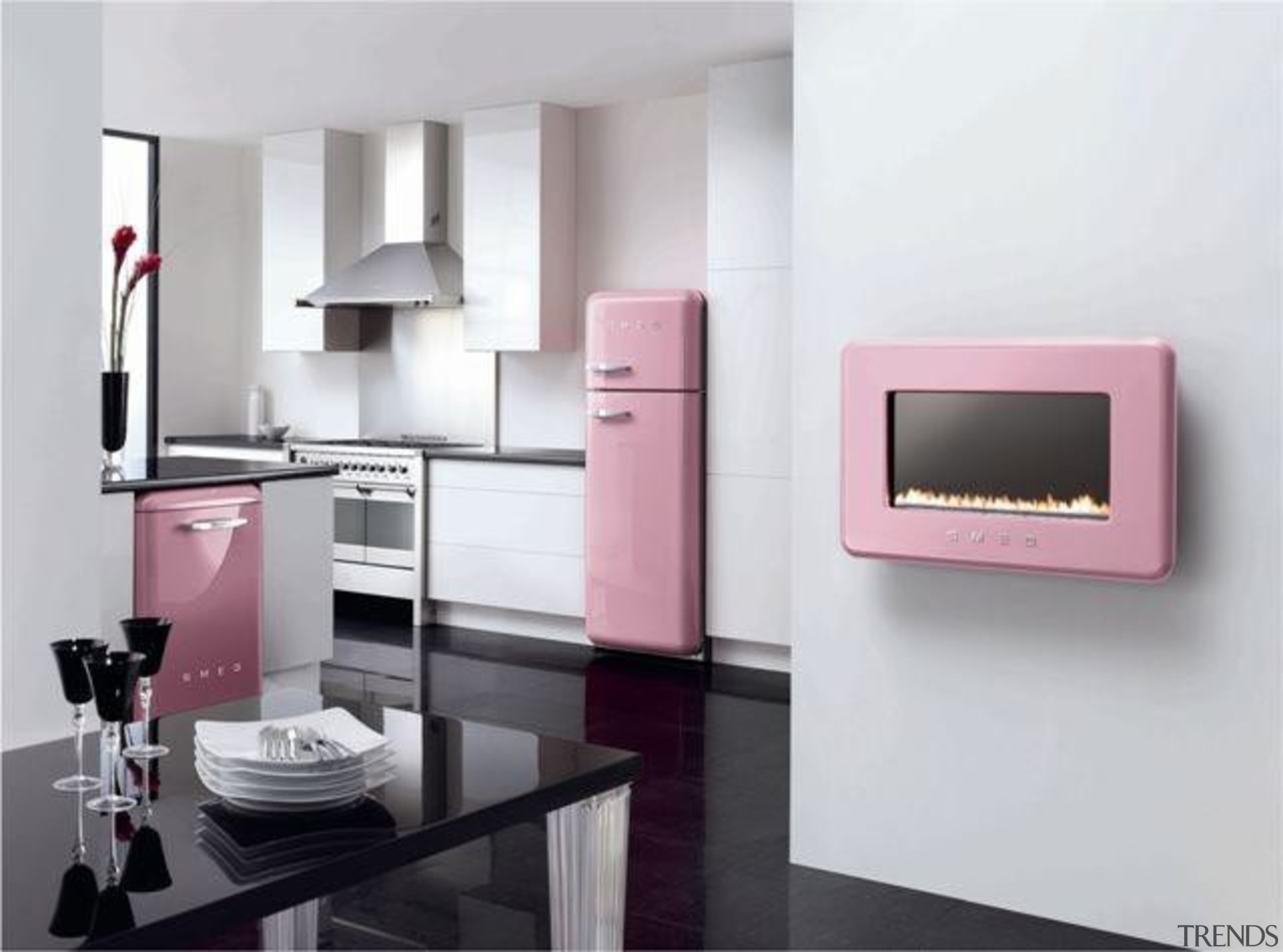 Love pink? This is the kitchen for you furniture, home appliance, interior design, kitchen appliance, product, product design, purple, white, gray