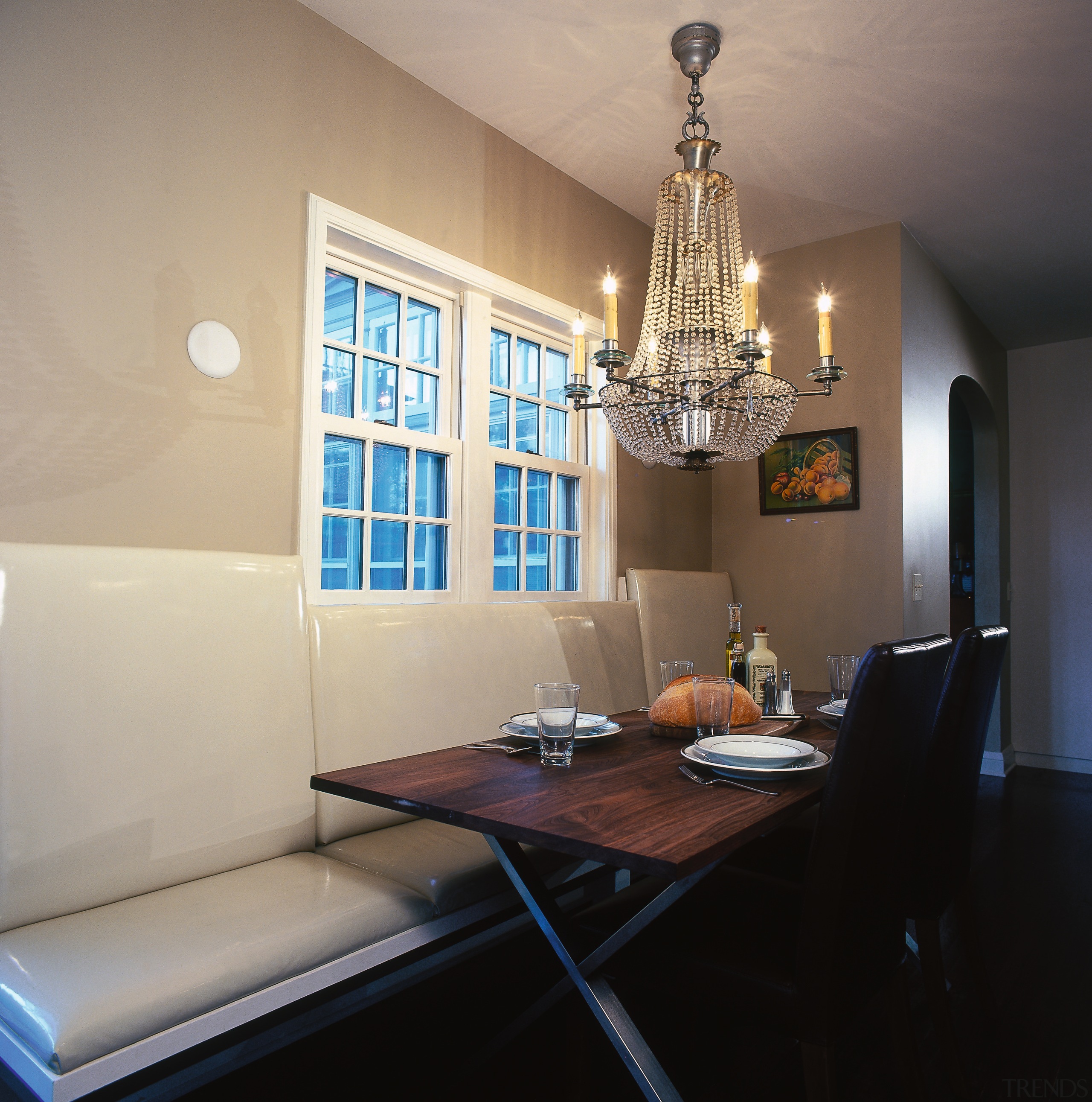 View of a dining area, wooden flooring, dining ceiling, dining room, furniture, home, interior design, light fixture, living room, property, real estate, room, table, window, gray, black