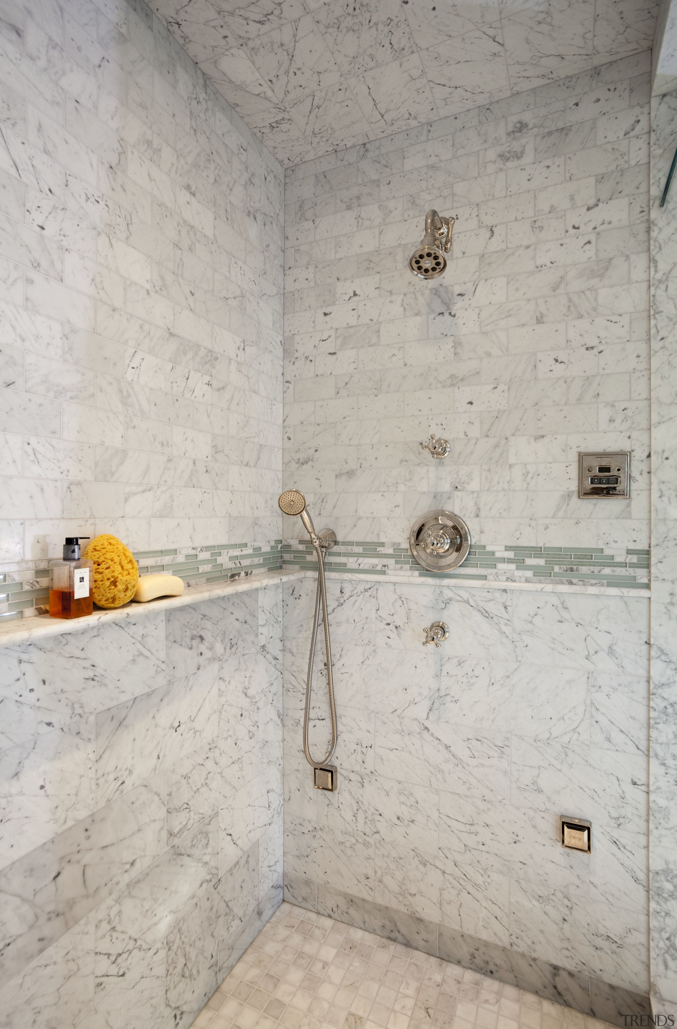 View of contemporary shower with light grey walls. bathroom, ceiling, floor, flooring, plumbing fixture, room, tile, wall, gray