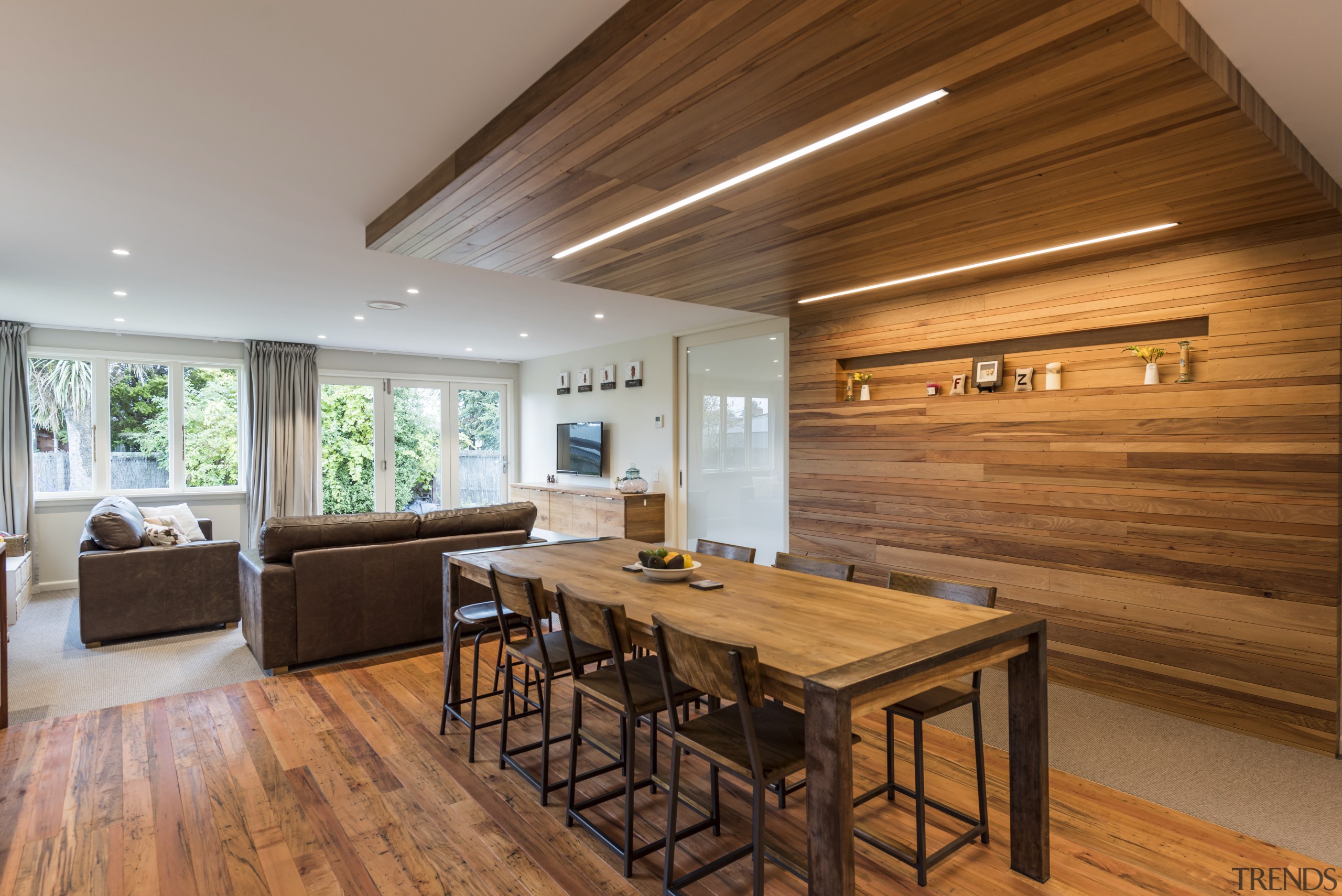 With an existing lounge window replaced with bifold timber ceiling, floor, flooring, hardwood, house, interior design, living room, dining table, wood, wood flooring, open plan living, Higham Architects