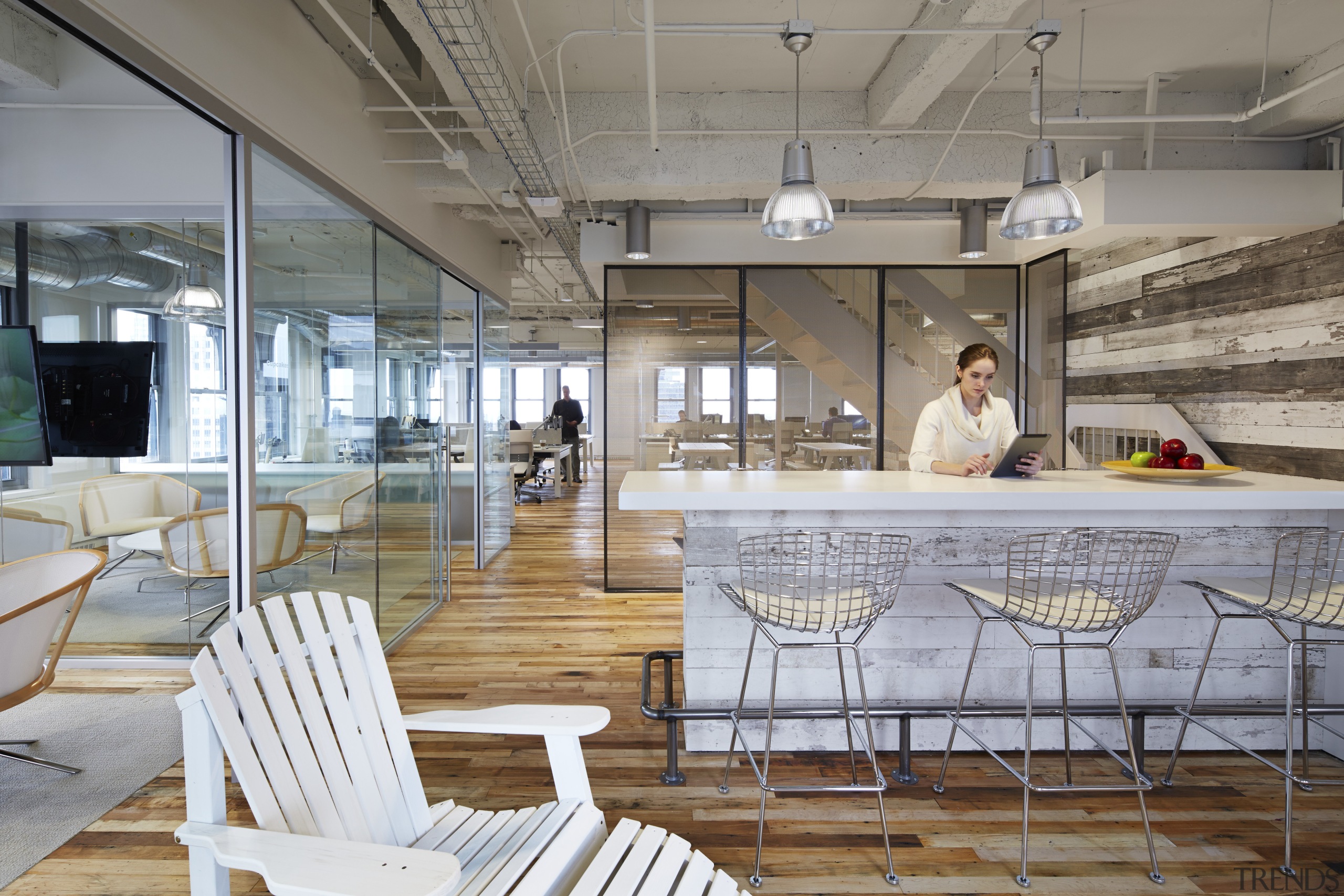 Kitchen and breakout area in contemporary loft-style office architecture, interior design, table, gray