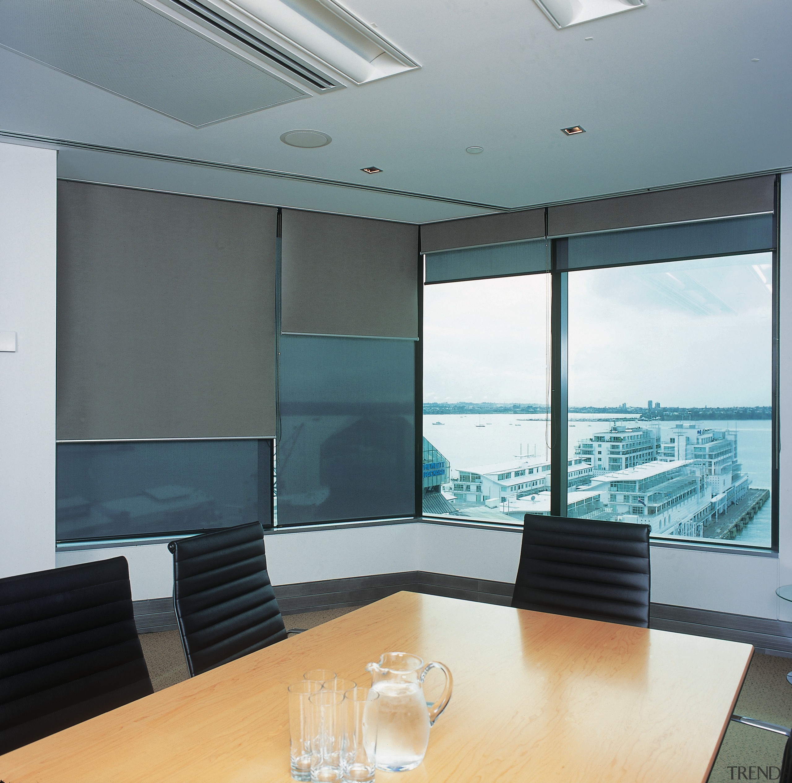 Office meeting room with roller sunscreen shades at architecture, ceiling, daylighting, glass, interior design, office, window, gray
