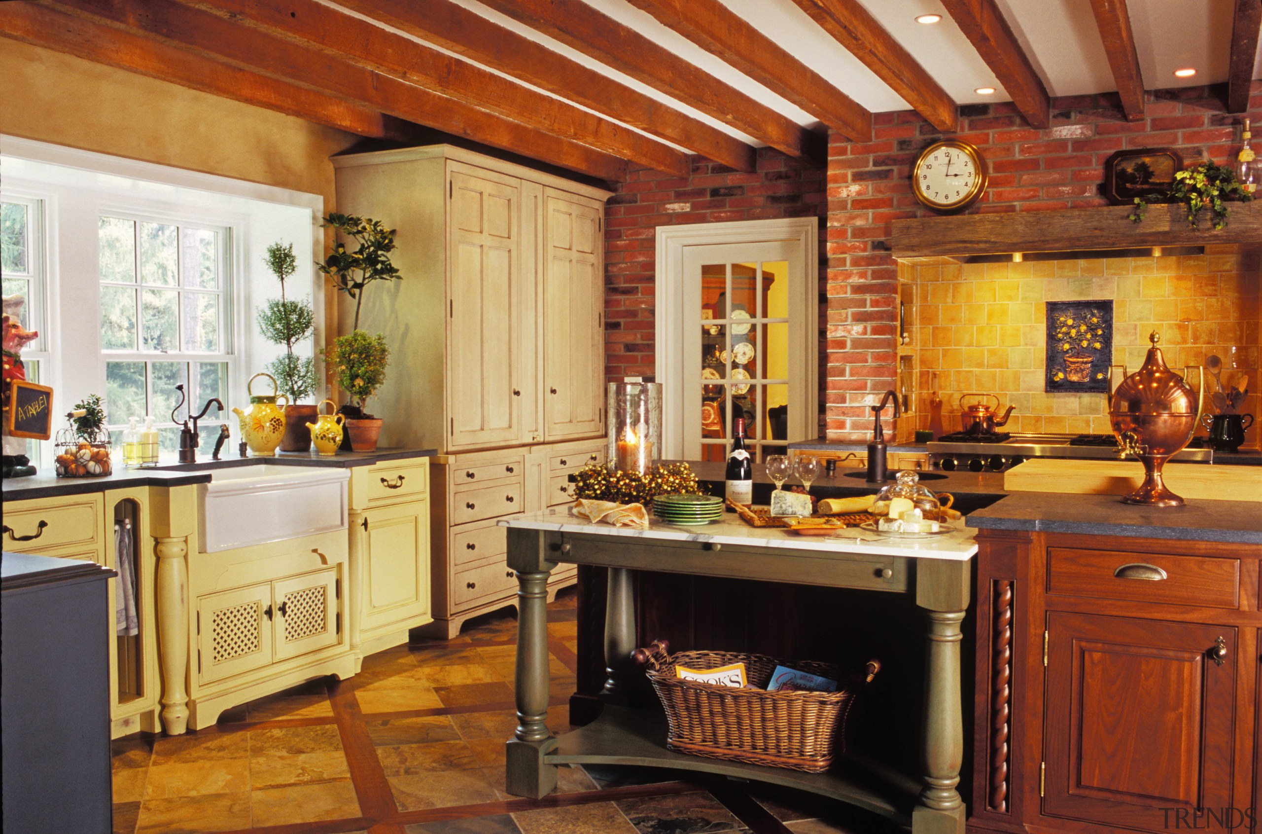 View of this traditional kitchen - View of cabinetry, countertop, cuisine classique, dining room, home, interior design, kitchen, room, brown, orange