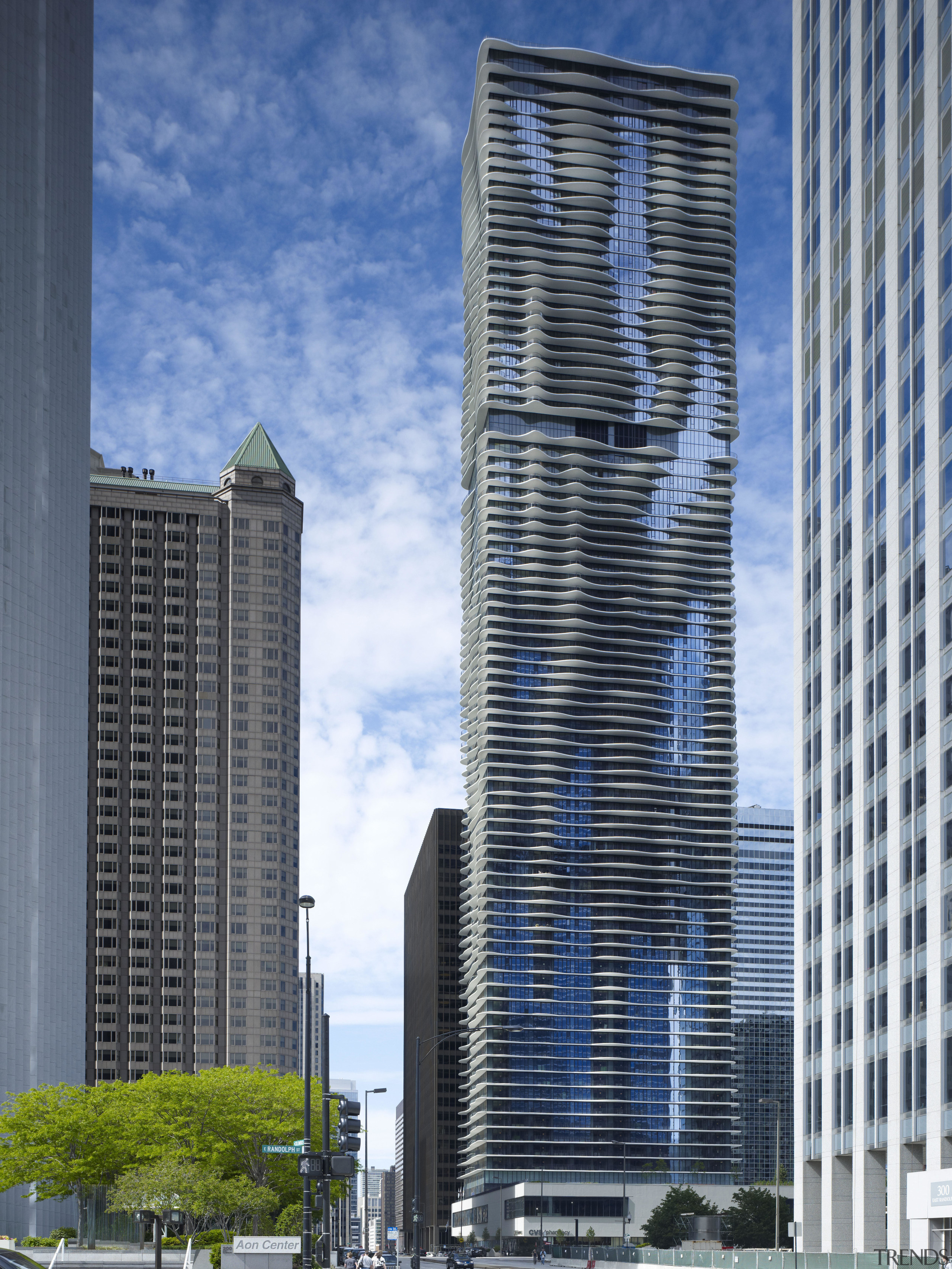 Exterior view of the Aqua Tower in Chicago architecture, building, city, cityscape, commercial building, condominium, corporate headquarters, daytime, downtown, facade, headquarters, landmark, metropolis, metropolitan area, mixed use, reflection, sky, skyline, skyscraper, tower, tower block, urban area