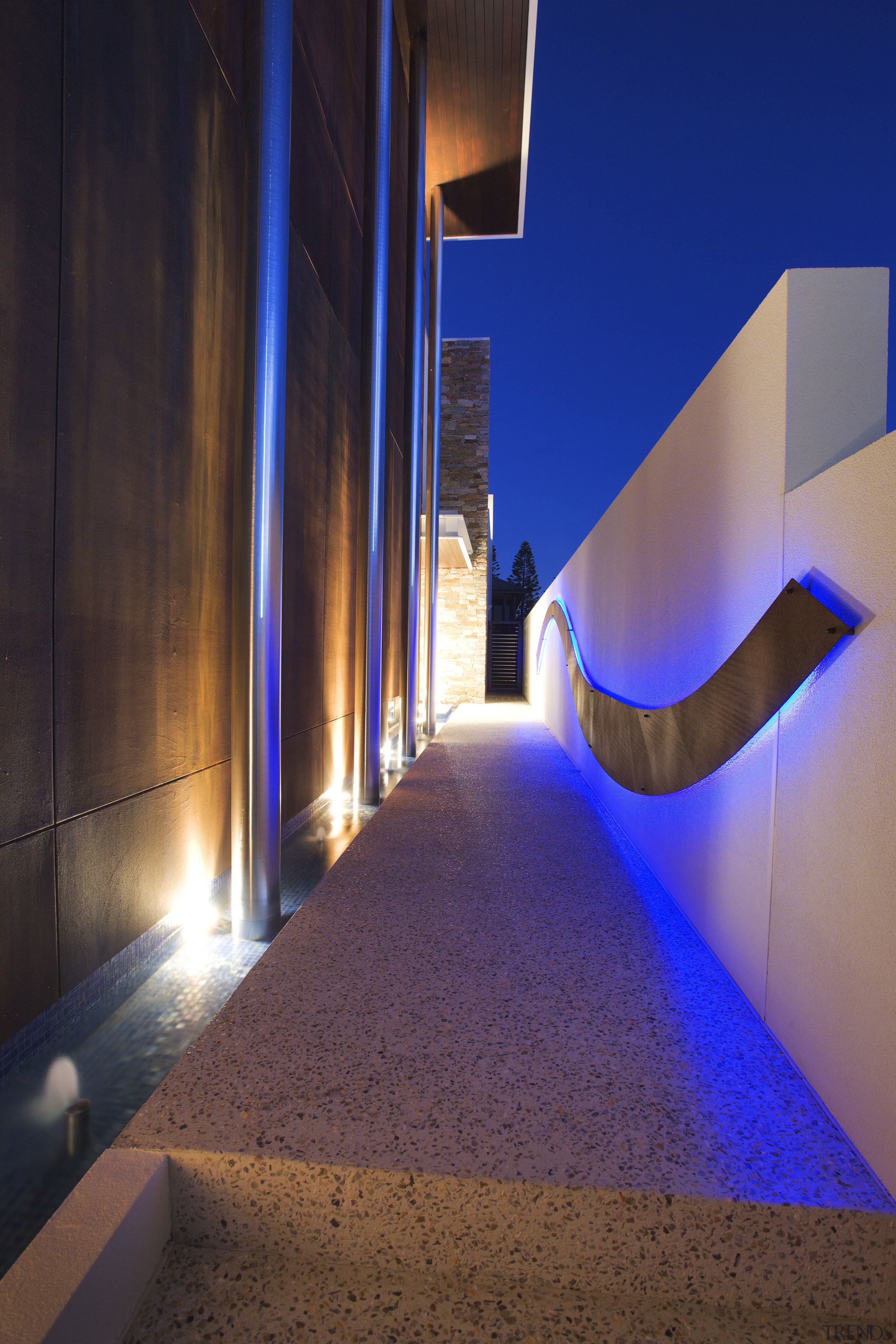 This home was designed by Jason Saunders of architecture, blue, daylighting, house, light, lighting, sky, sunlight, wall, window, black