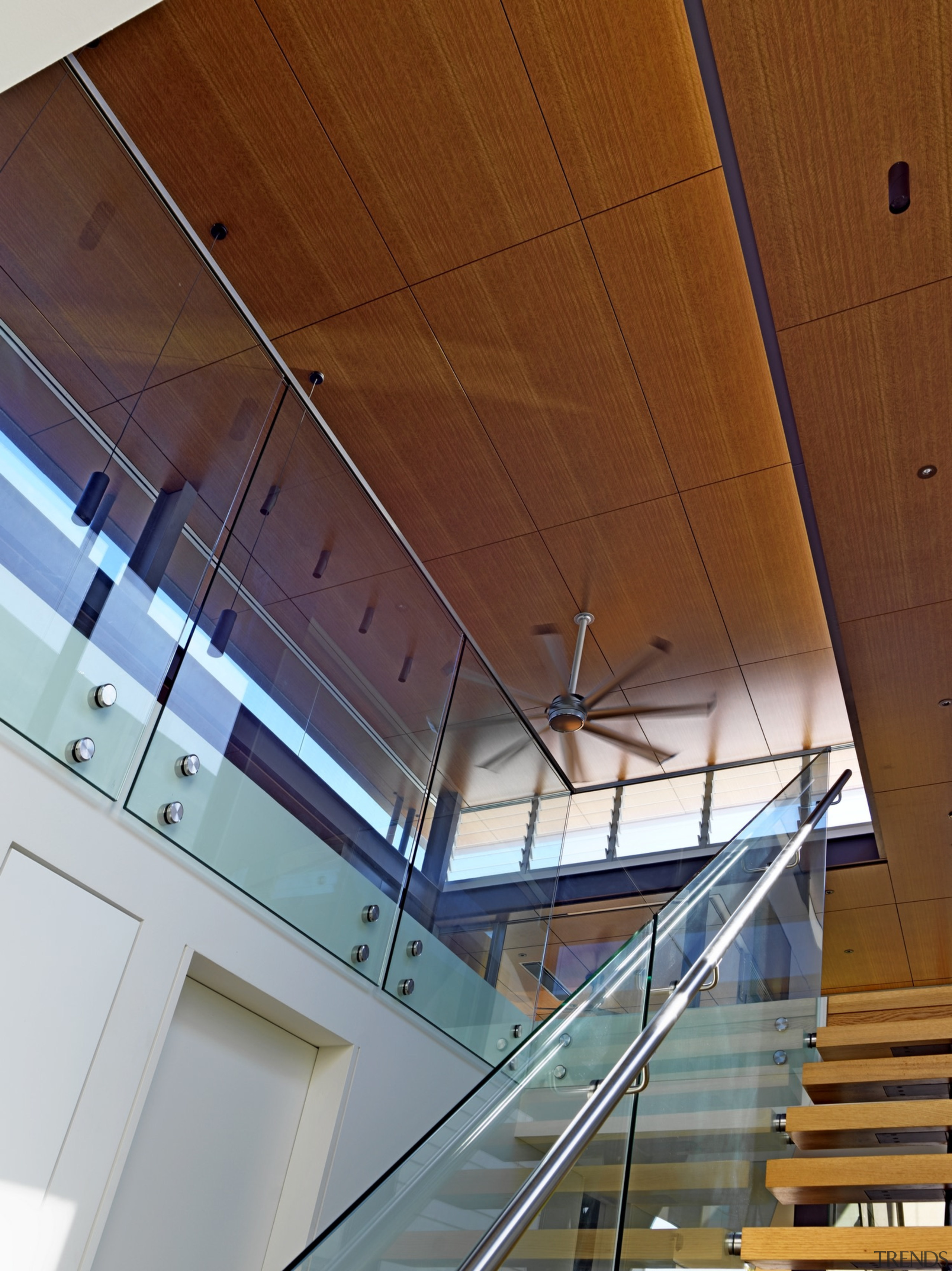 Roar Northcurlcurl House 29S - architecture | beam architecture, beam, ceiling, daylighting, glass, handrail, interior design, lighting, line, roof, stairs, structure, wood, brown, gray