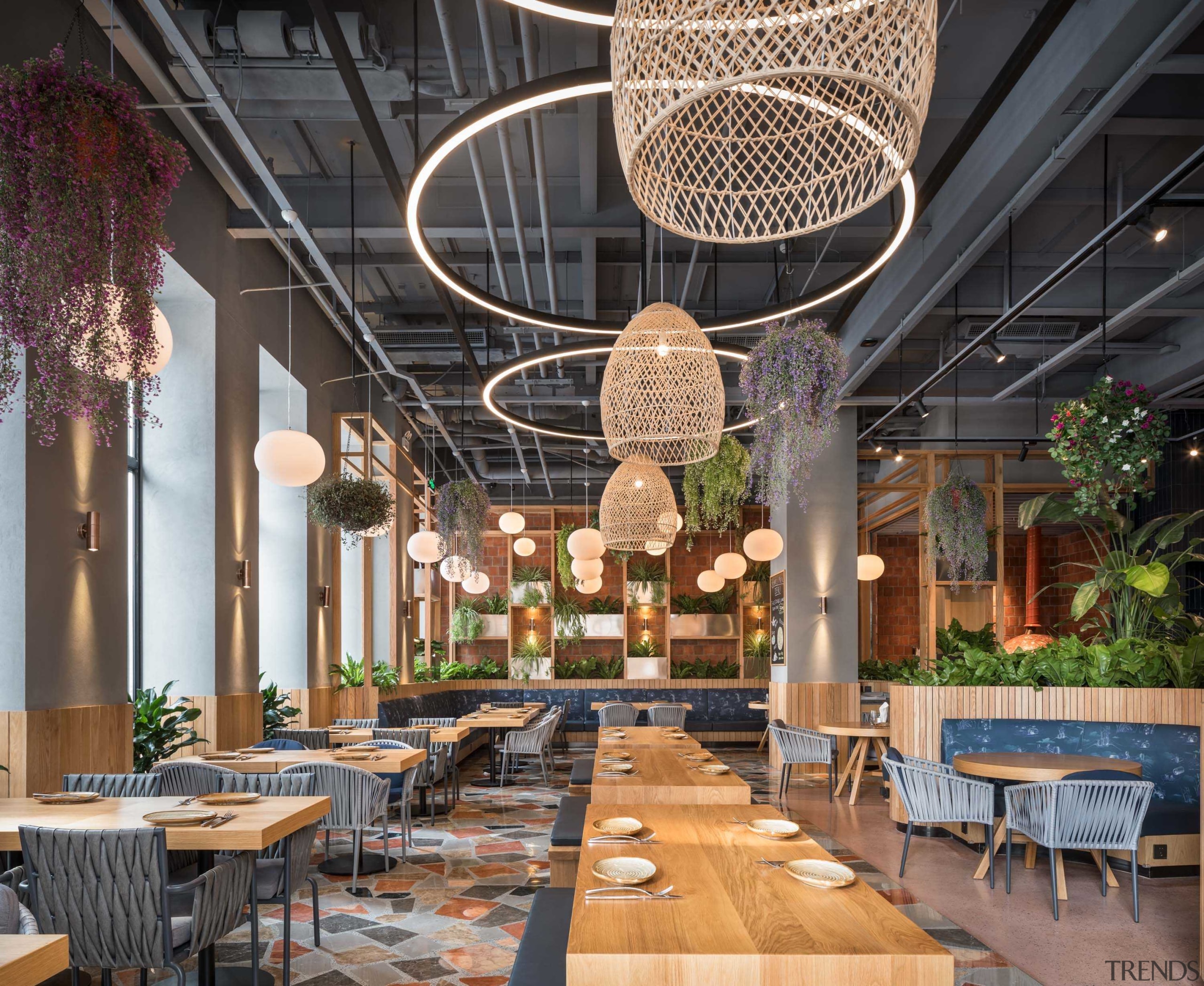 The sun-drenched indoor pizza garden is just one architecture, brunch, building, ceiling, chandelier, design, furniture, interior design, lighting, lobby, restaurant, table, black