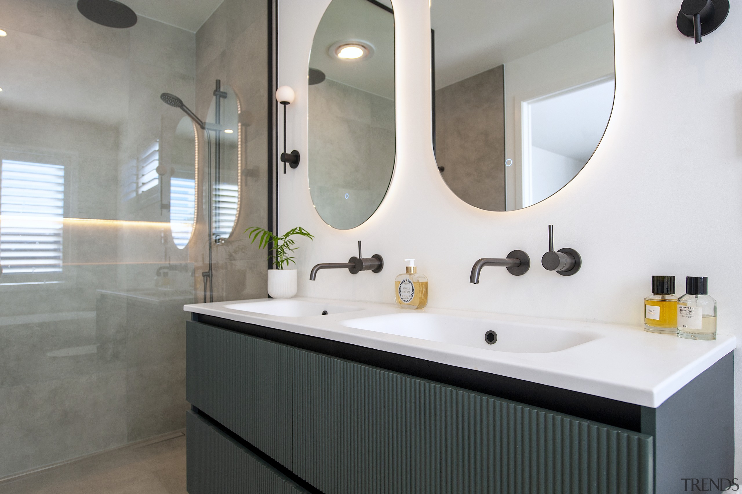 A Hunter Green vanity with textured panelled drawer 