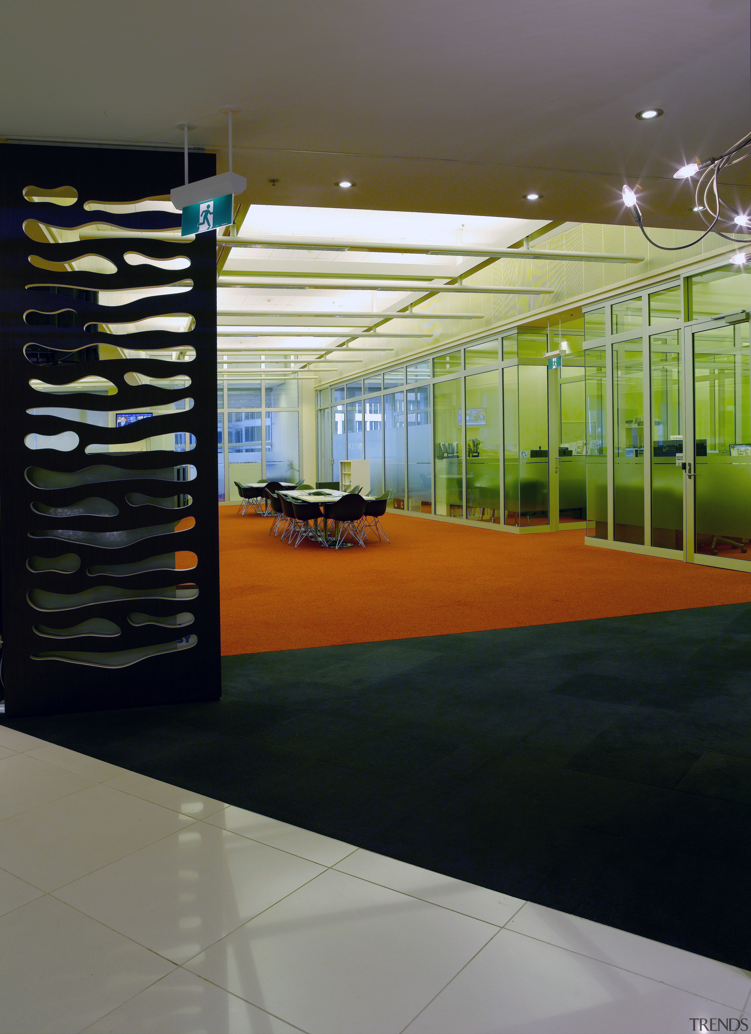 A view of the timber/tile and carpet flooring architecture, interior design, structure, gray, black