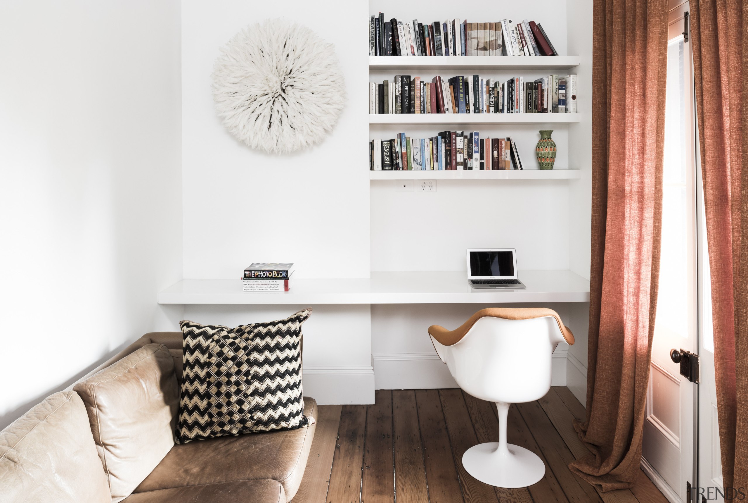 For this terrace house renovation, an awkward, oversized chair, desk, furniture, home, interior design, living room, product design, room, shelf, shelving, table, white