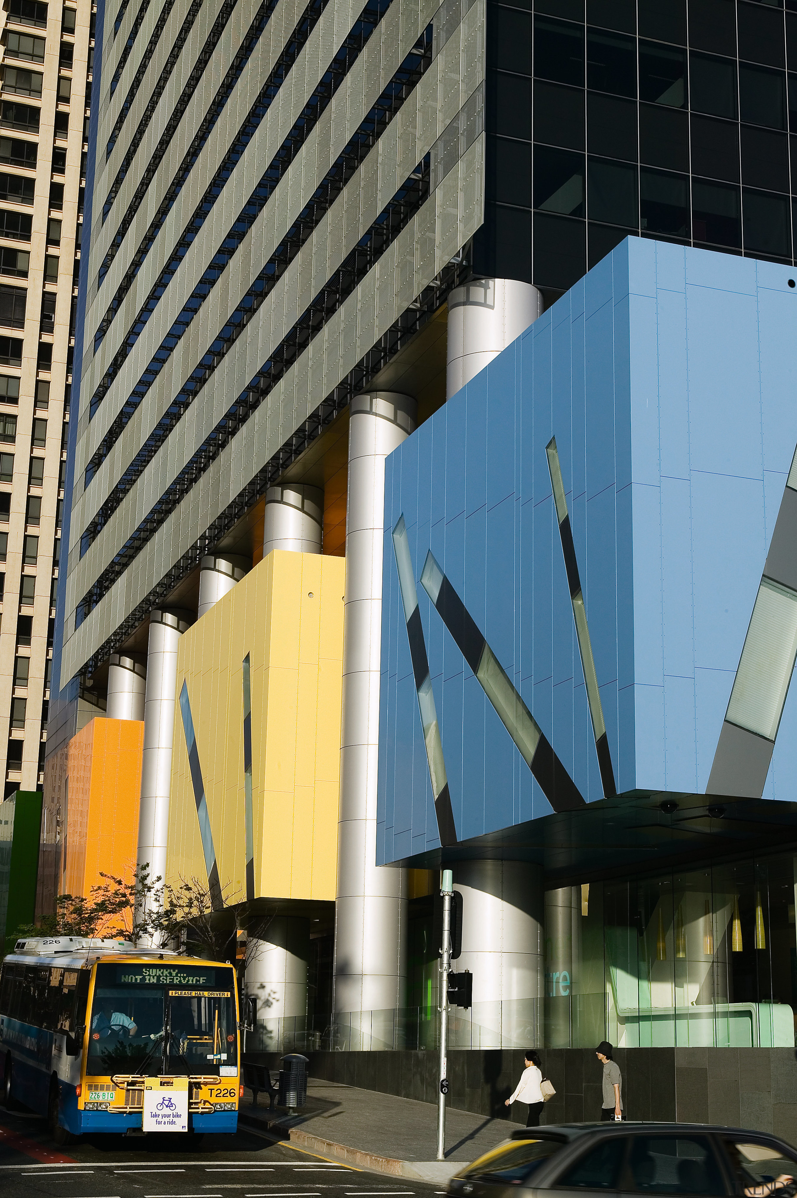 A view of the Brisbane square buildings colourful architecture, building, car, city, condominium, corporate headquarters, daytime, downtown, facade, infrastructure, landmark, metropolis, metropolitan area, skyscraper, tower block, urban area, black