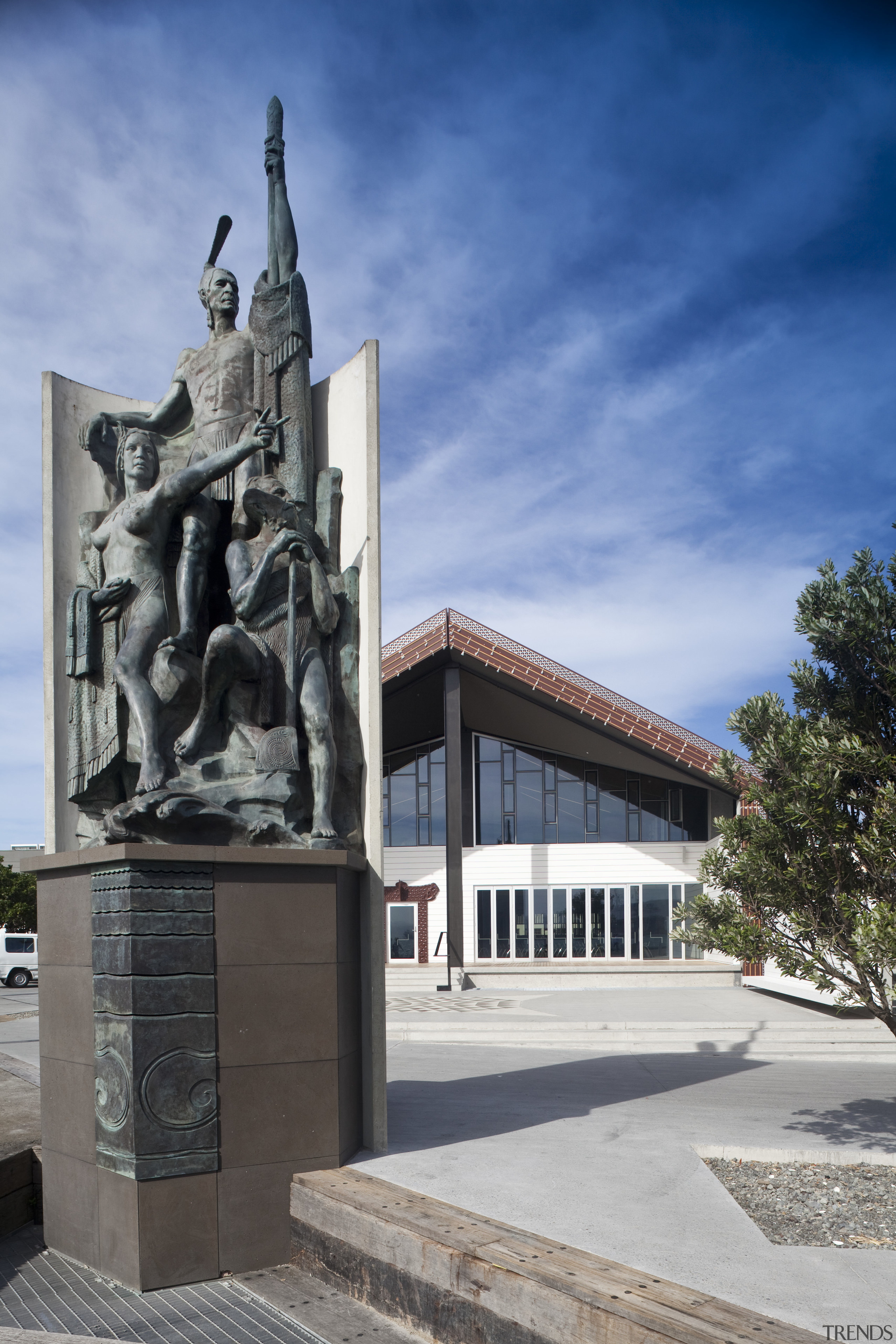 View of the Wharewaka building on the Wellington architecture, building, facade, landmark, memorial, monument, sky, statue, tourist attraction, gray, teal
