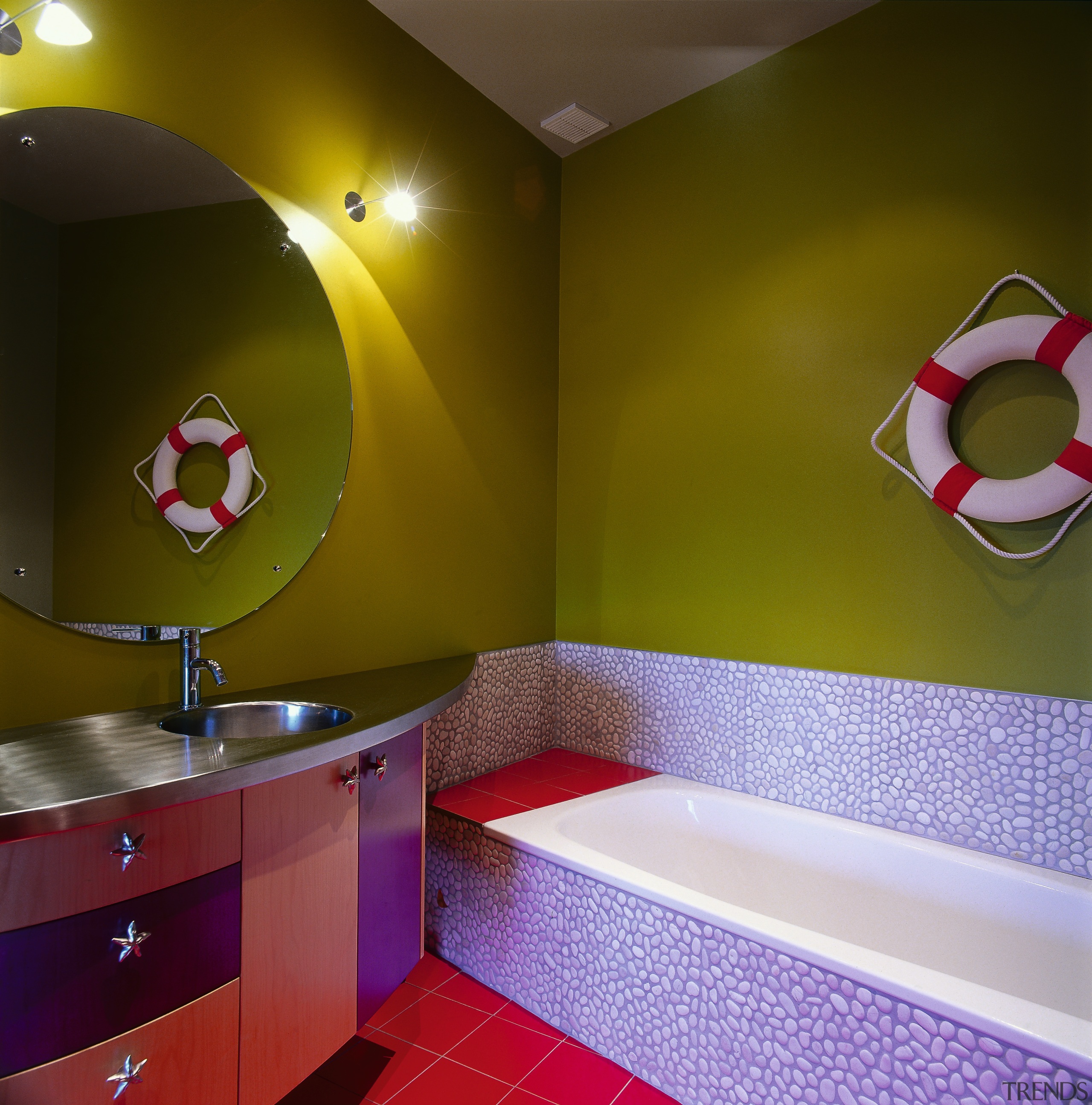 A view of the bathroom, green walls, tiled bathroom, ceiling, home, interior design, purple, room, wall, brown