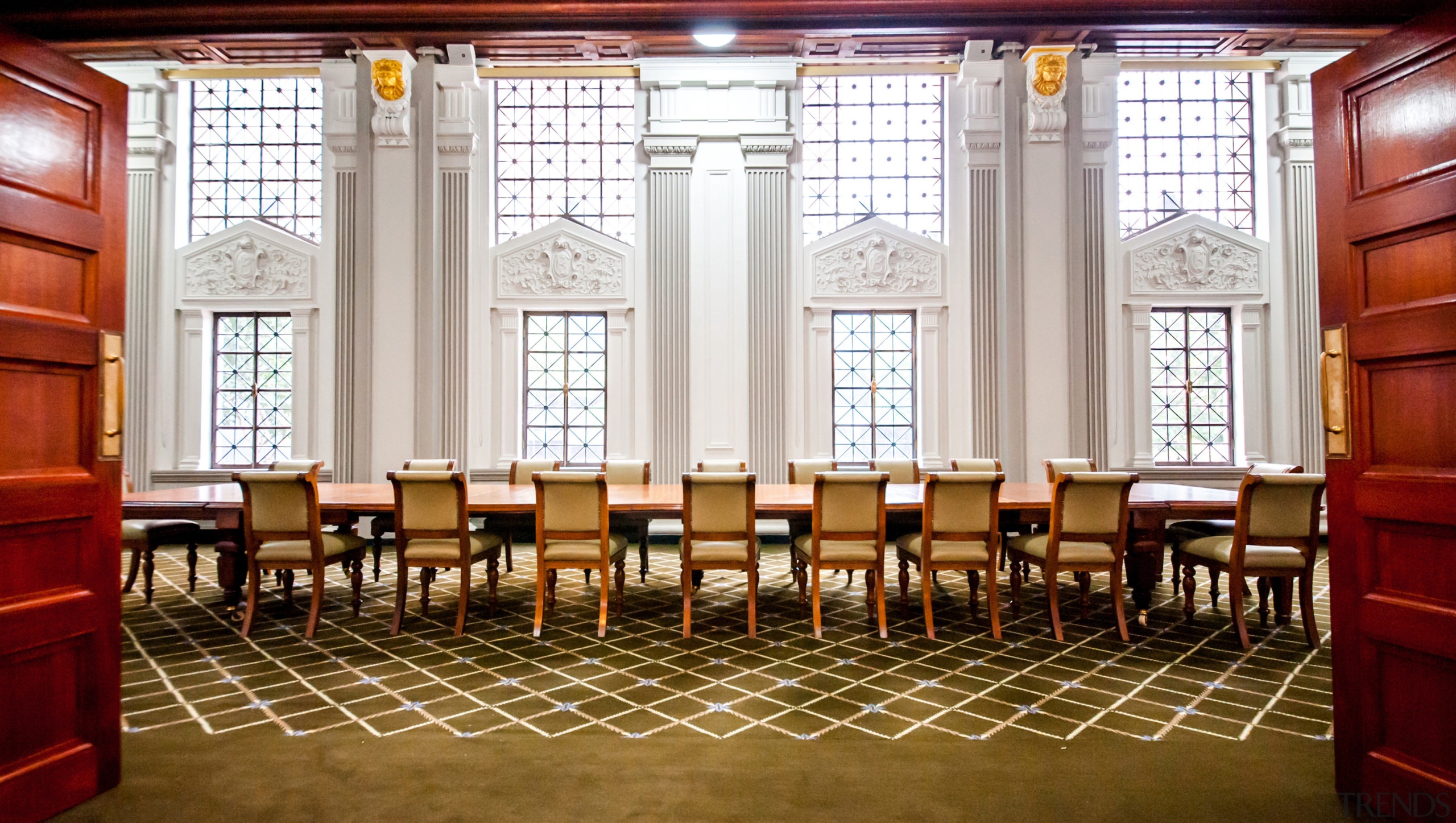 As part of the Brisbane City Hall project, aisle, chair, conference hall, dining room, function hall, furniture, interior design, lobby, table, white