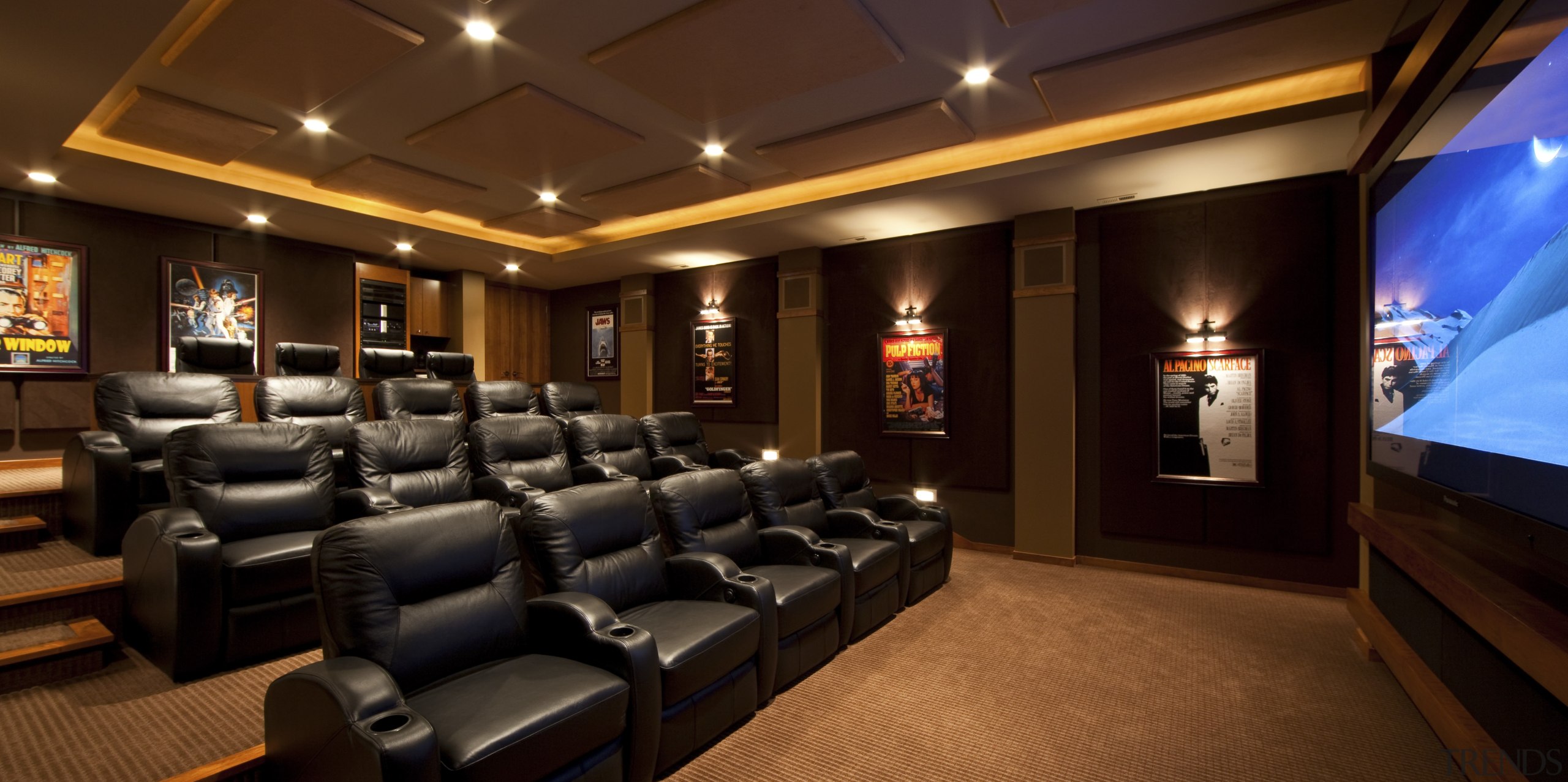 View of theatre room with dark seats. - interior design, lobby, theatre, red, brown