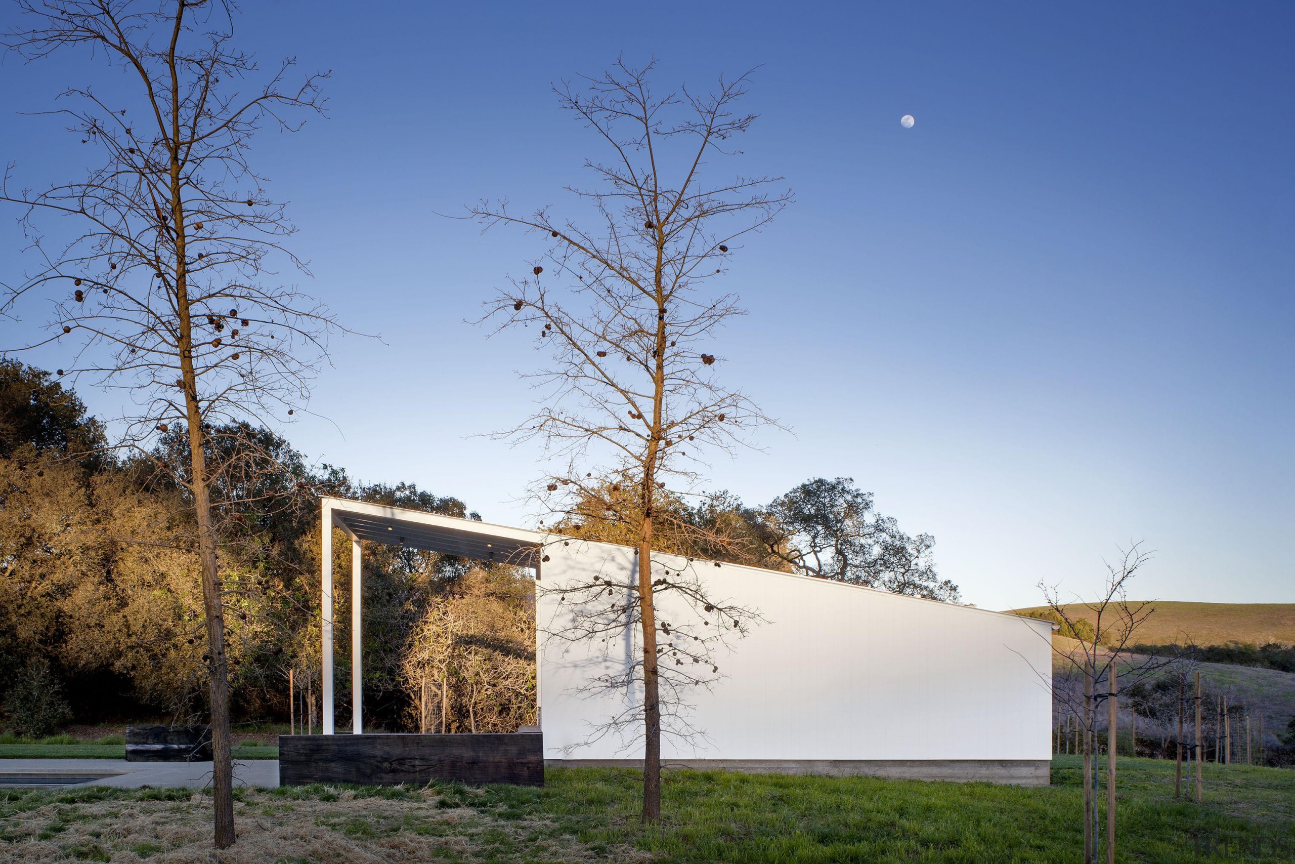 Hupomone Ranch is a LEED Platinum house designed architecture, house, morning, plant, rural area, sky, sunlight, tree, blue