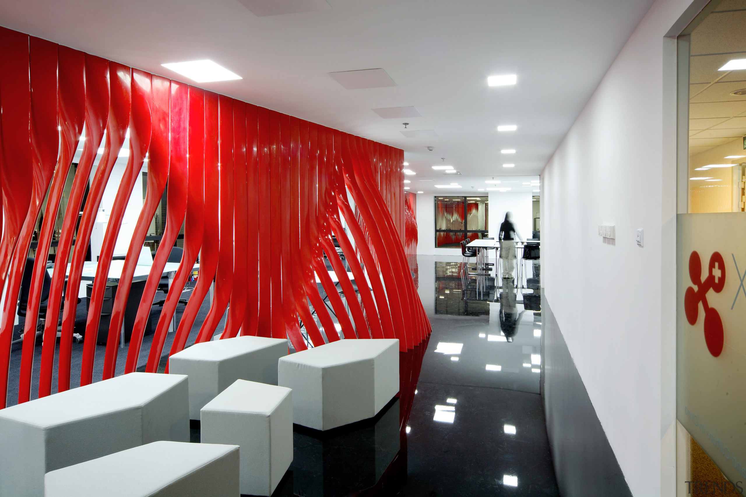 The Swissnex Shanghai office eatures twisted resin strips, architecture, ceiling, design, interior design, lobby, wall, gray, red