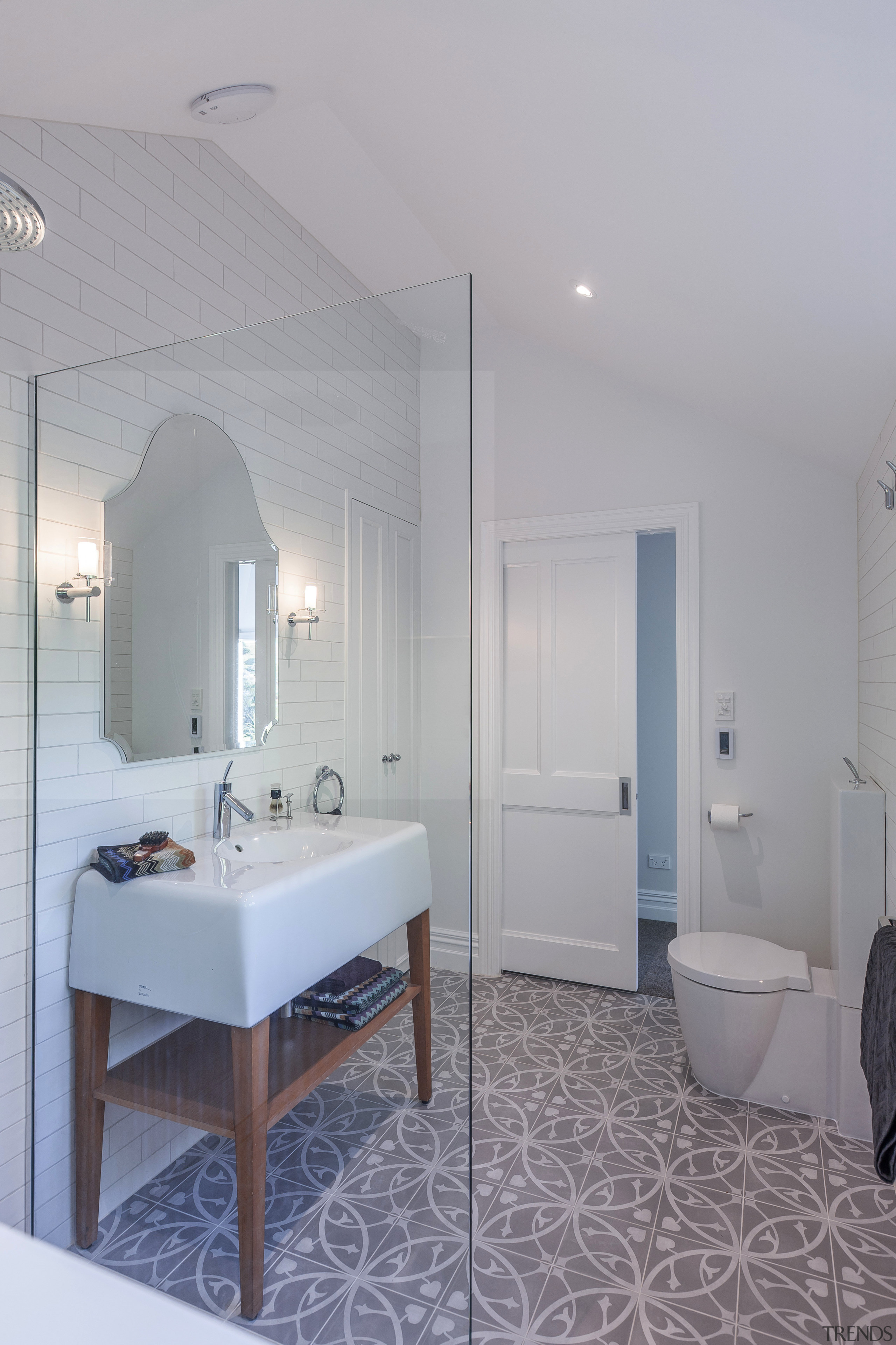 In this master ensuite by designer Natalie Du architecture, bathroom, ceiling, floor, home, interior design, real estate, room, sink, wall, gray