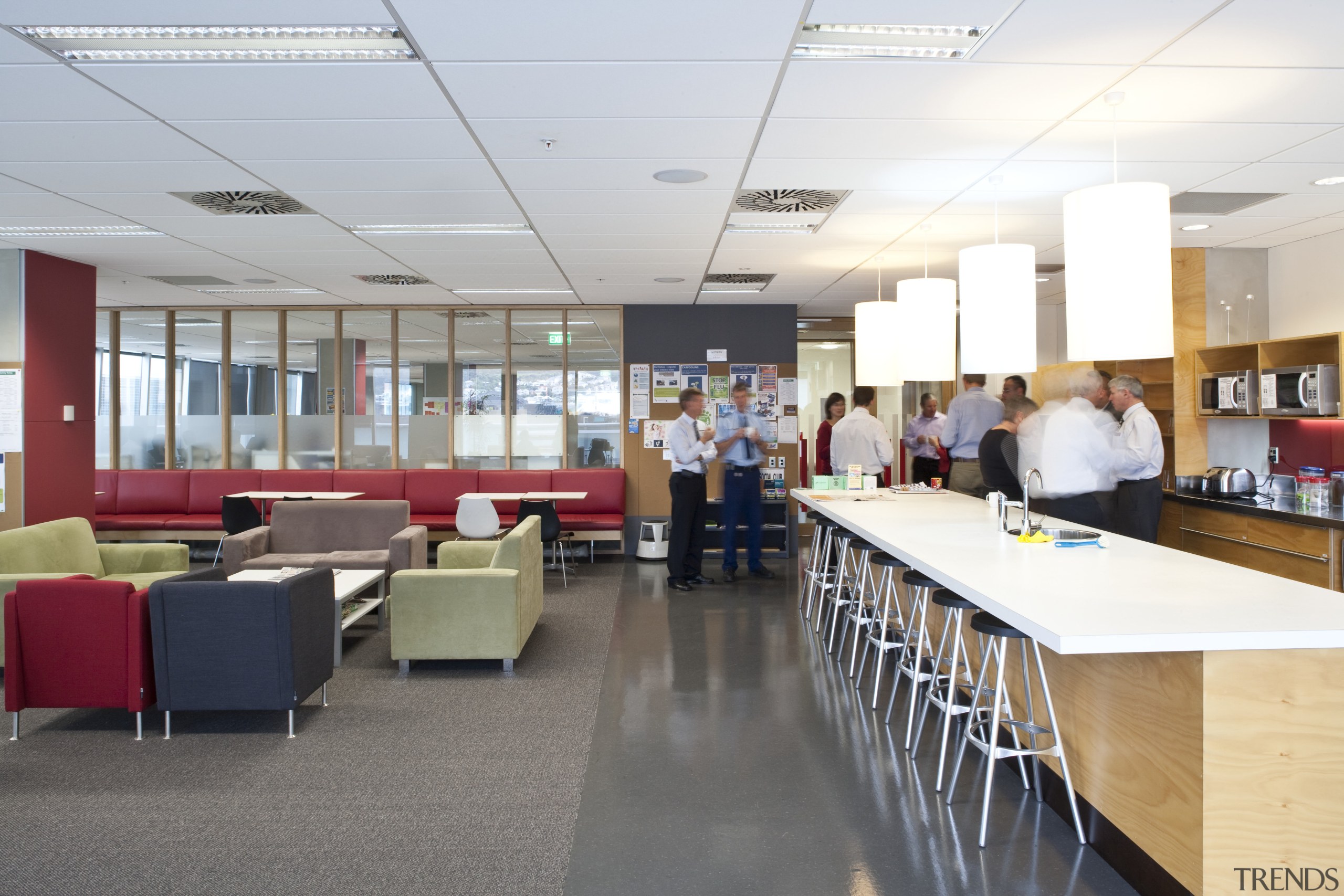 internal view of a staff kitchen and lounge cafeteria, institution, interior design, office, white