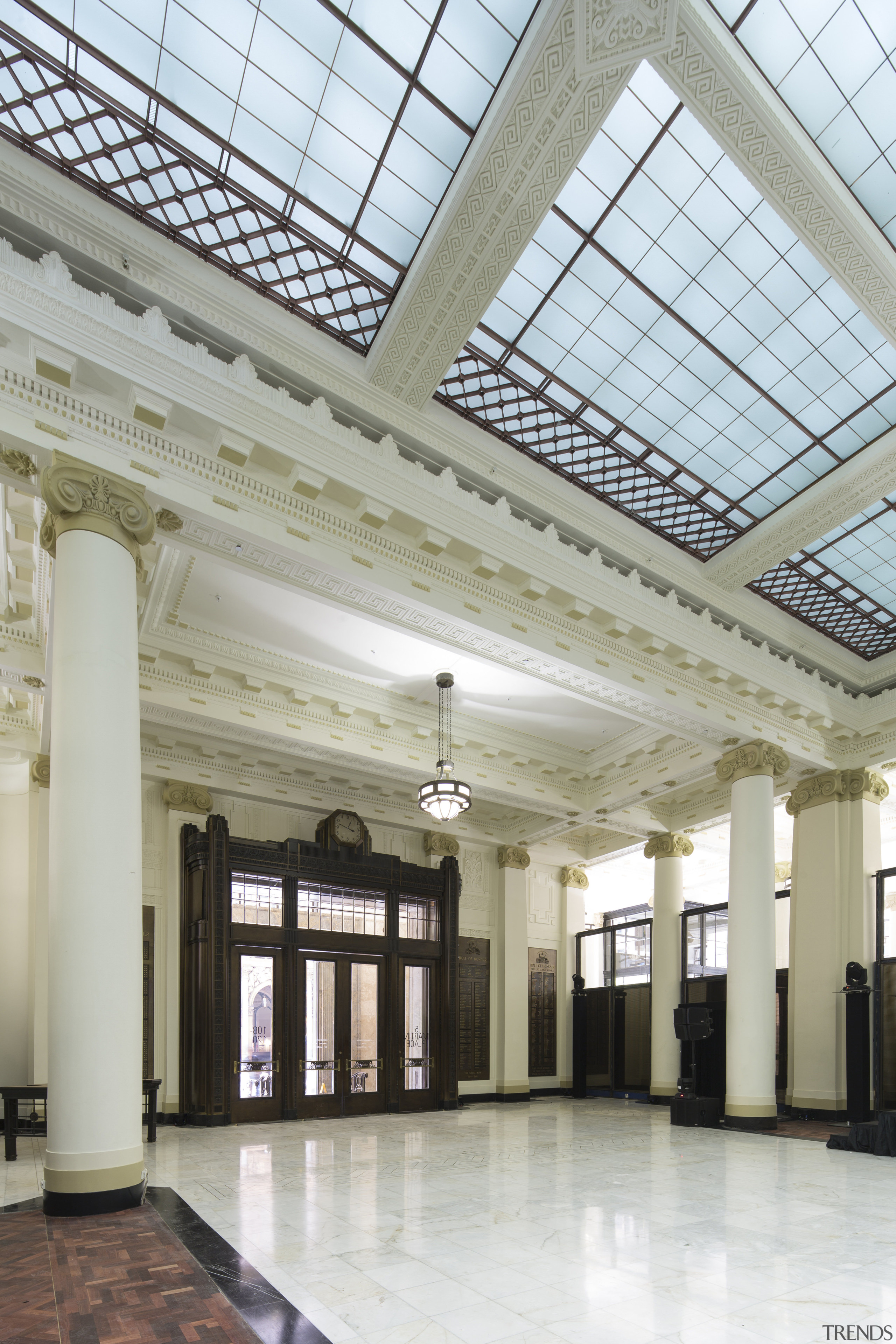 The restored Banking Chamber in the heritage component ceiling, column, daylighting, interior design, lobby, structure, tourist attraction, gray