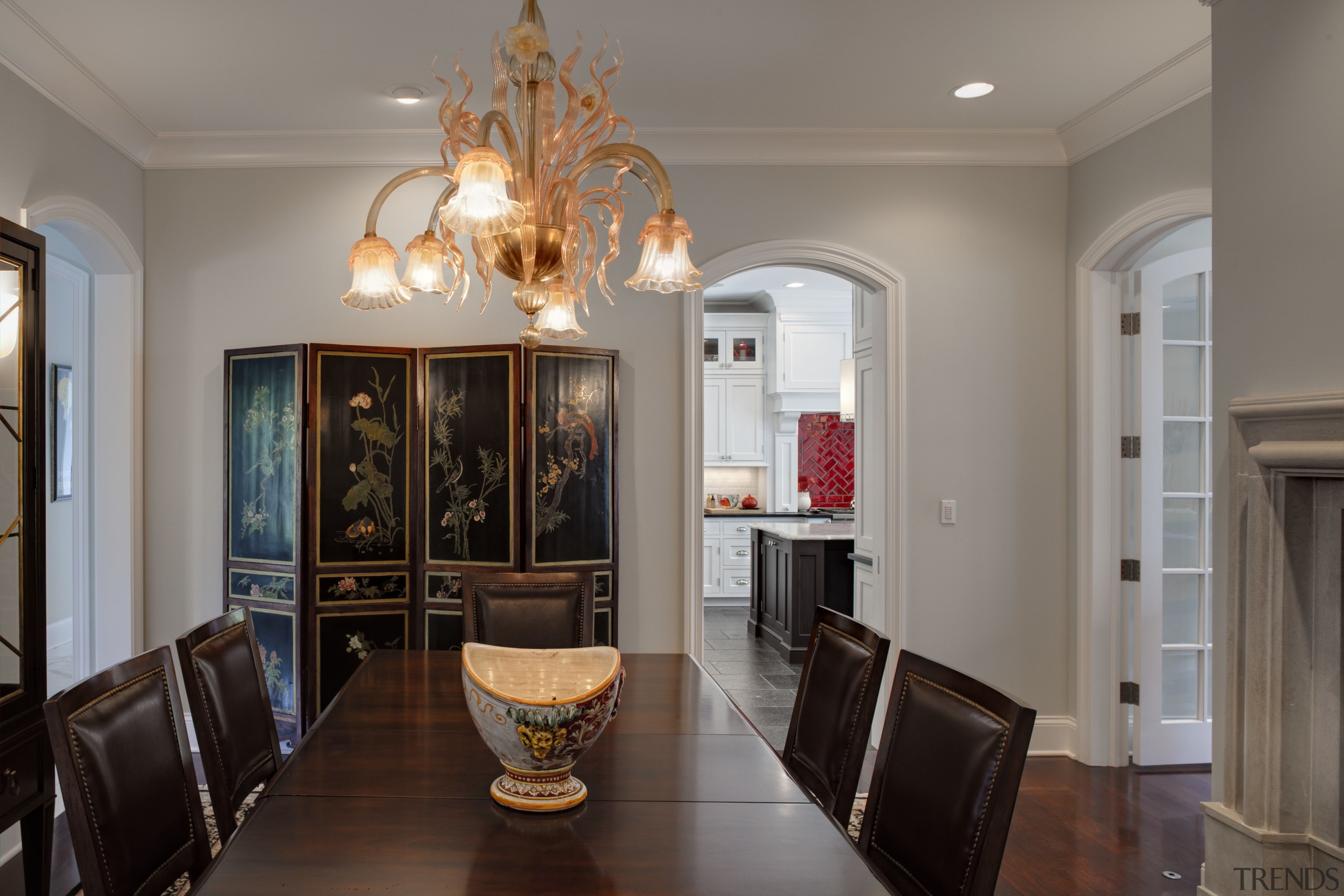 Arched openings. Red splash back. Limestone floors. White ceiling, dining room, estate, hardwood, home, interior design, living room, lobby, property, real estate, room, wall, gray