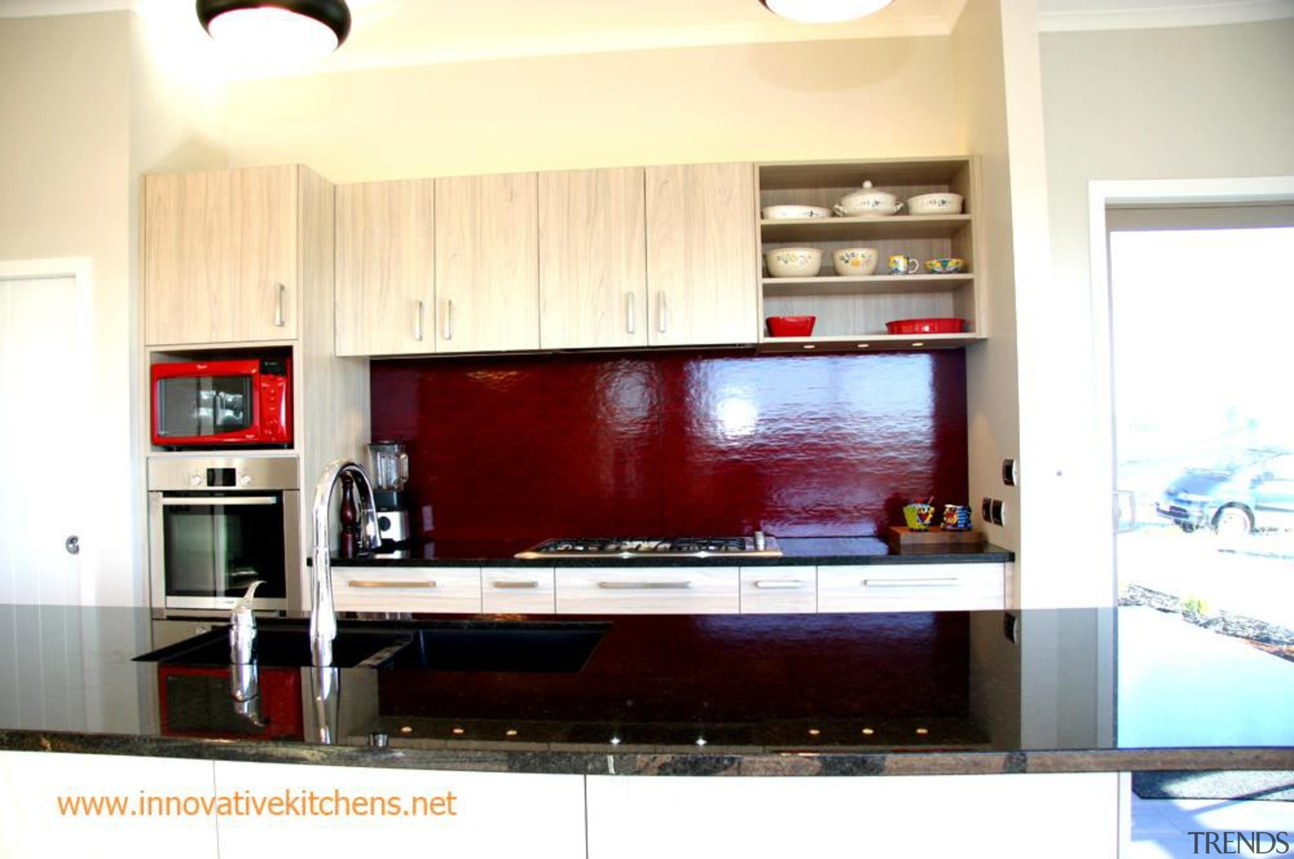 red glass splashback in Cotswald glass - red cabinetry, countertop, interior design, kitchen, room, white