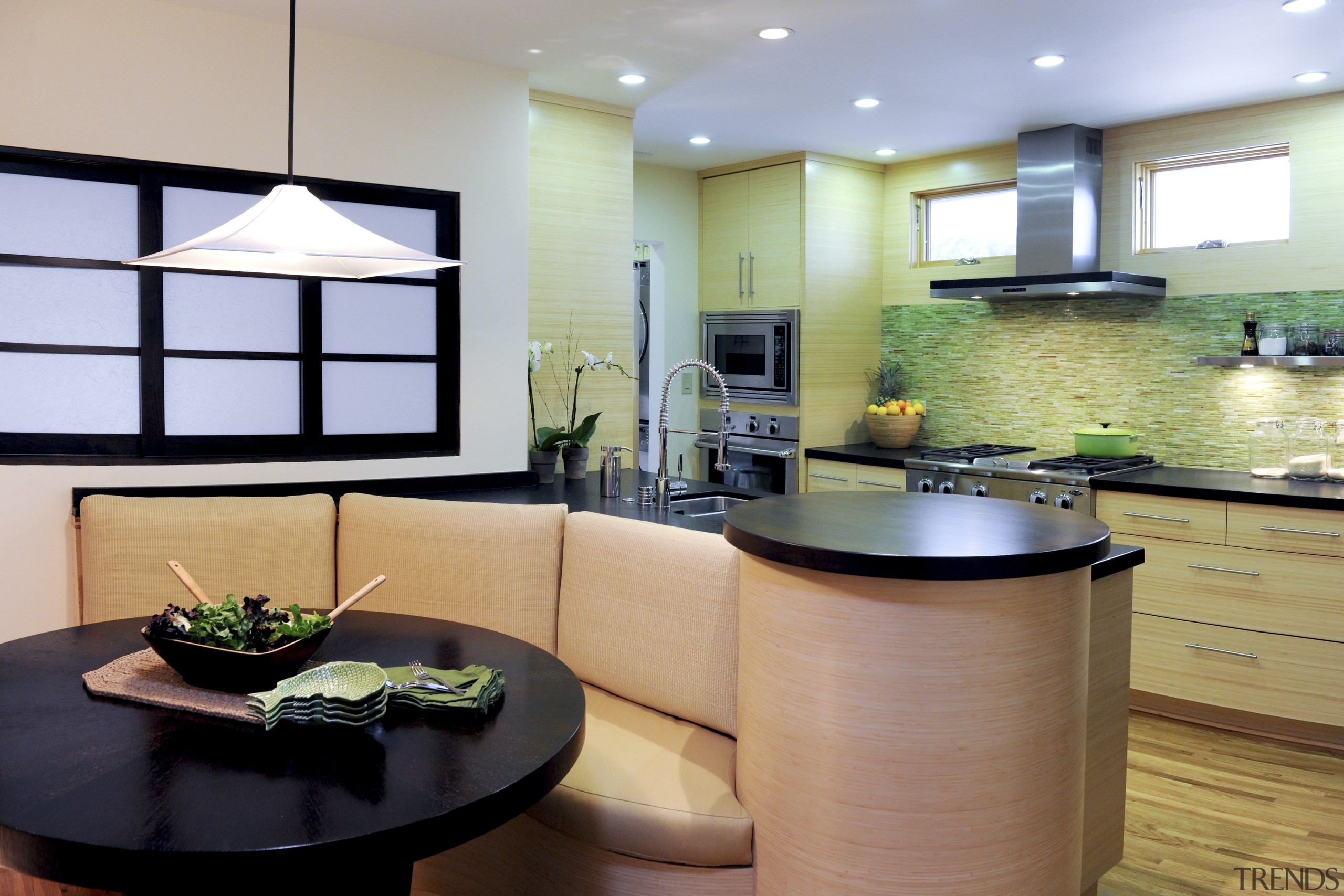 View of kitchen and dining area with Japanese countertop, interior design, kitchen, real estate, room