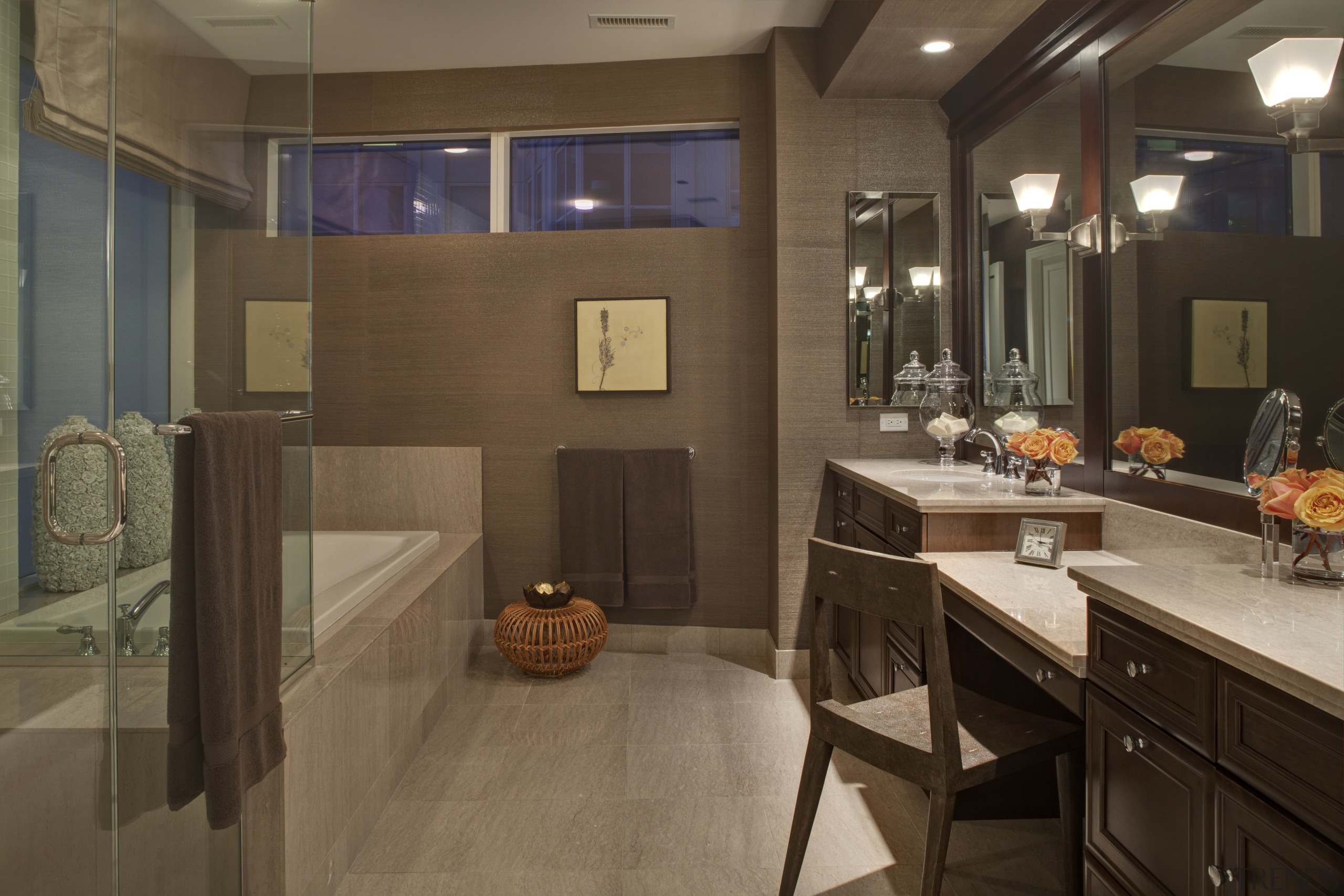 This master suite was designed by the Gary countertop, flooring, interior design, kitchen, room, brown