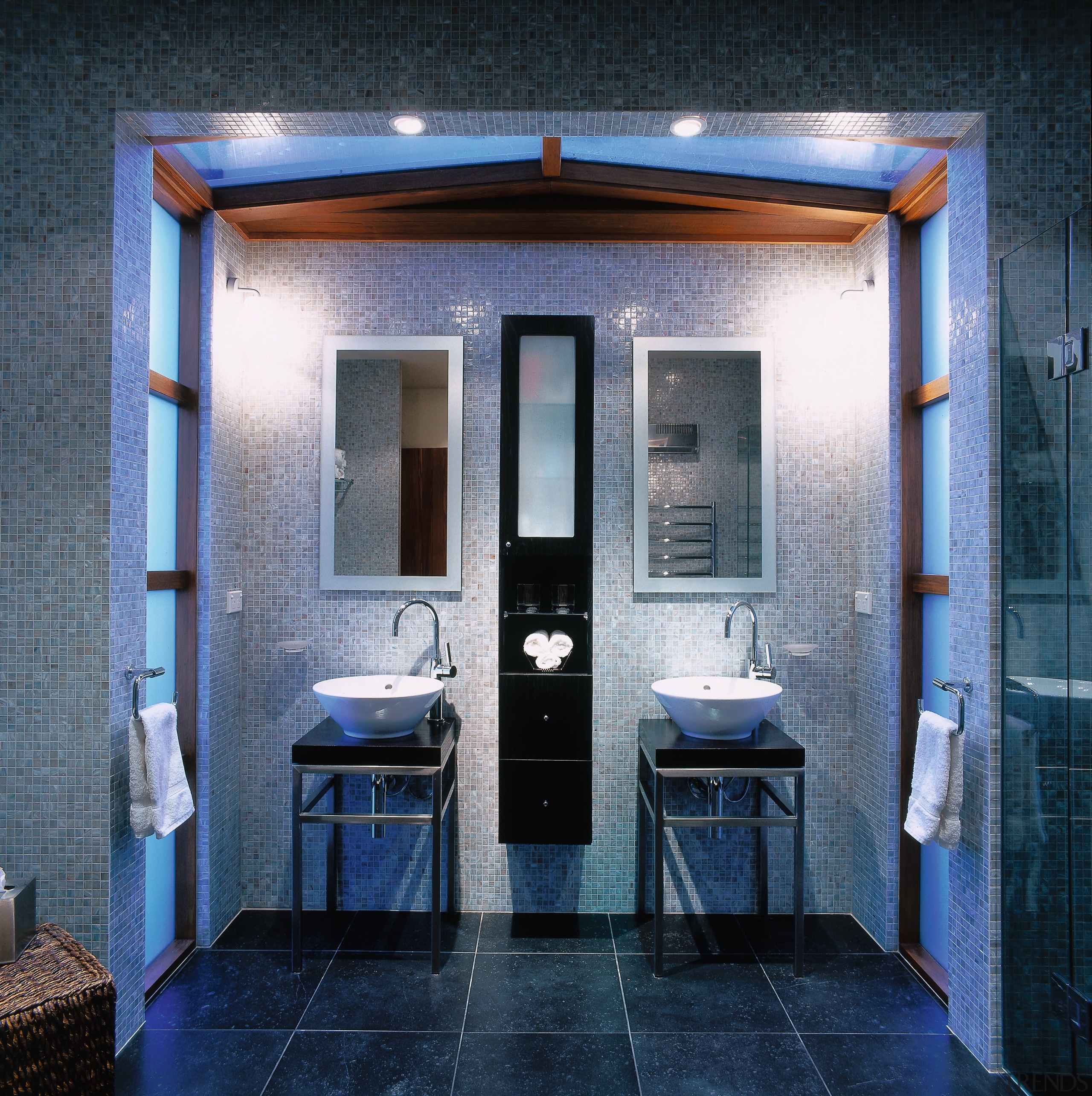 A view of a bathroom, black tiled floor, architecture, bathroom, door, interior design, public toilet, room, toilet, black, blue